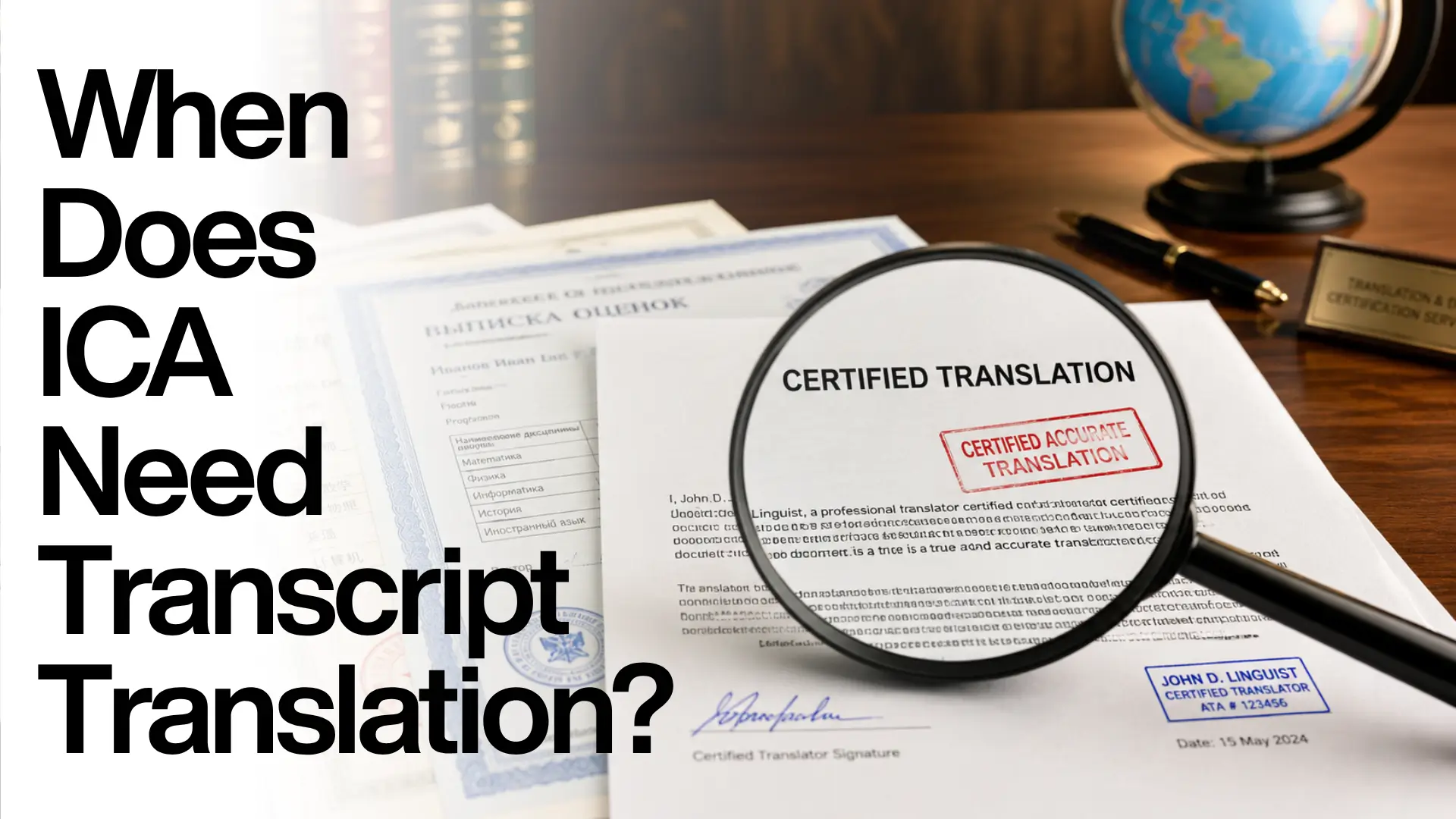 Magnifying glass over document labeled “Certified Translation” with red stamp “Certified Accurate Translation,” signed by translator, alongside foreign-language transcript and desk items.