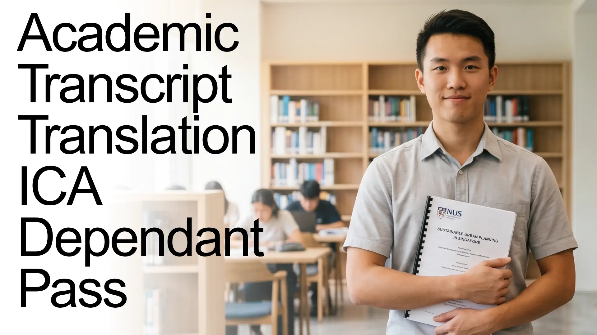 Student holding NUS document titled “Sustainable Urban Planning in Singapore” in a library setting, with bold text “Academic Transcript Translation ICA Dependant Pass.”
