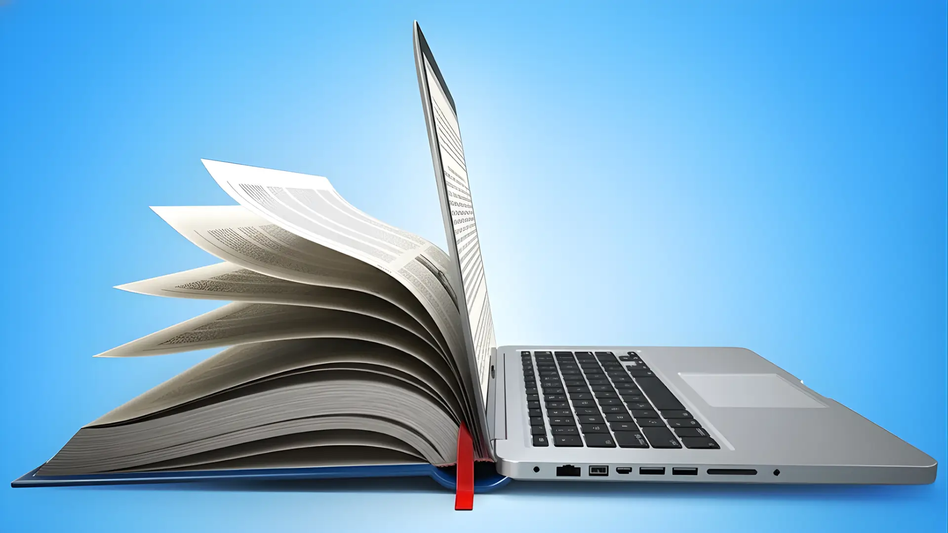 Creative illustration of open book transitioning into laptop screen, symbolizing integration of traditional education with digital e‑learning.