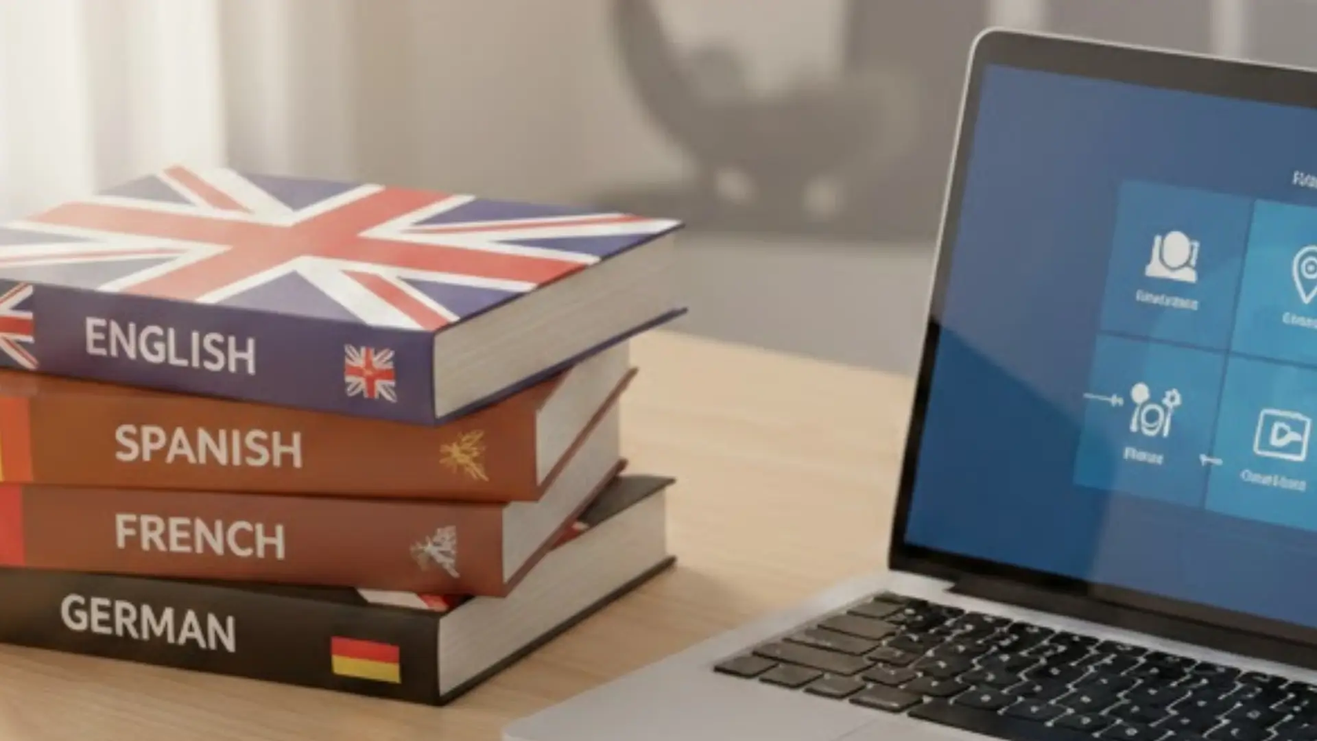 Stack of language learning books labeled English, Spanish, French, and German with national flags, placed beside open laptop displaying educational interface.