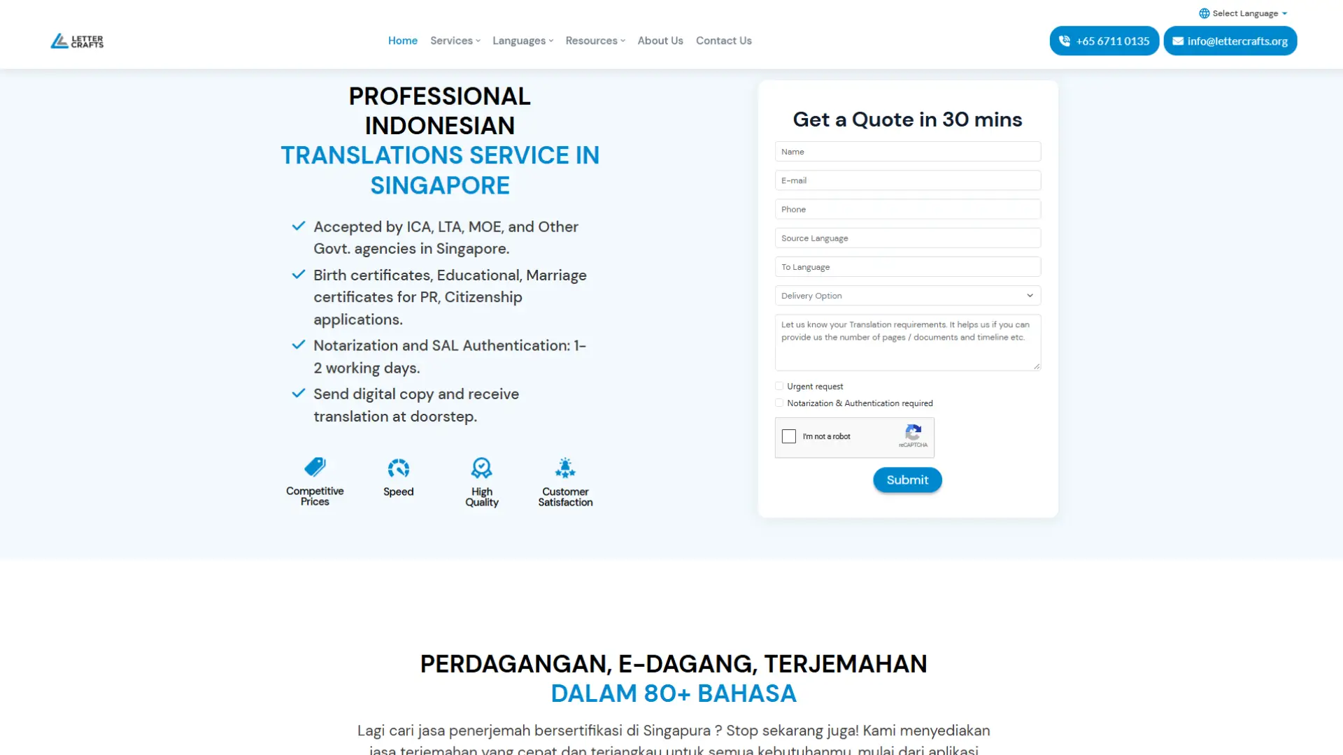 Website page promoting Indonesian translation services accepted by ICA, LTA, MOE, with features like notarisation, SAL authentication, competitive pricing, and a quote form.