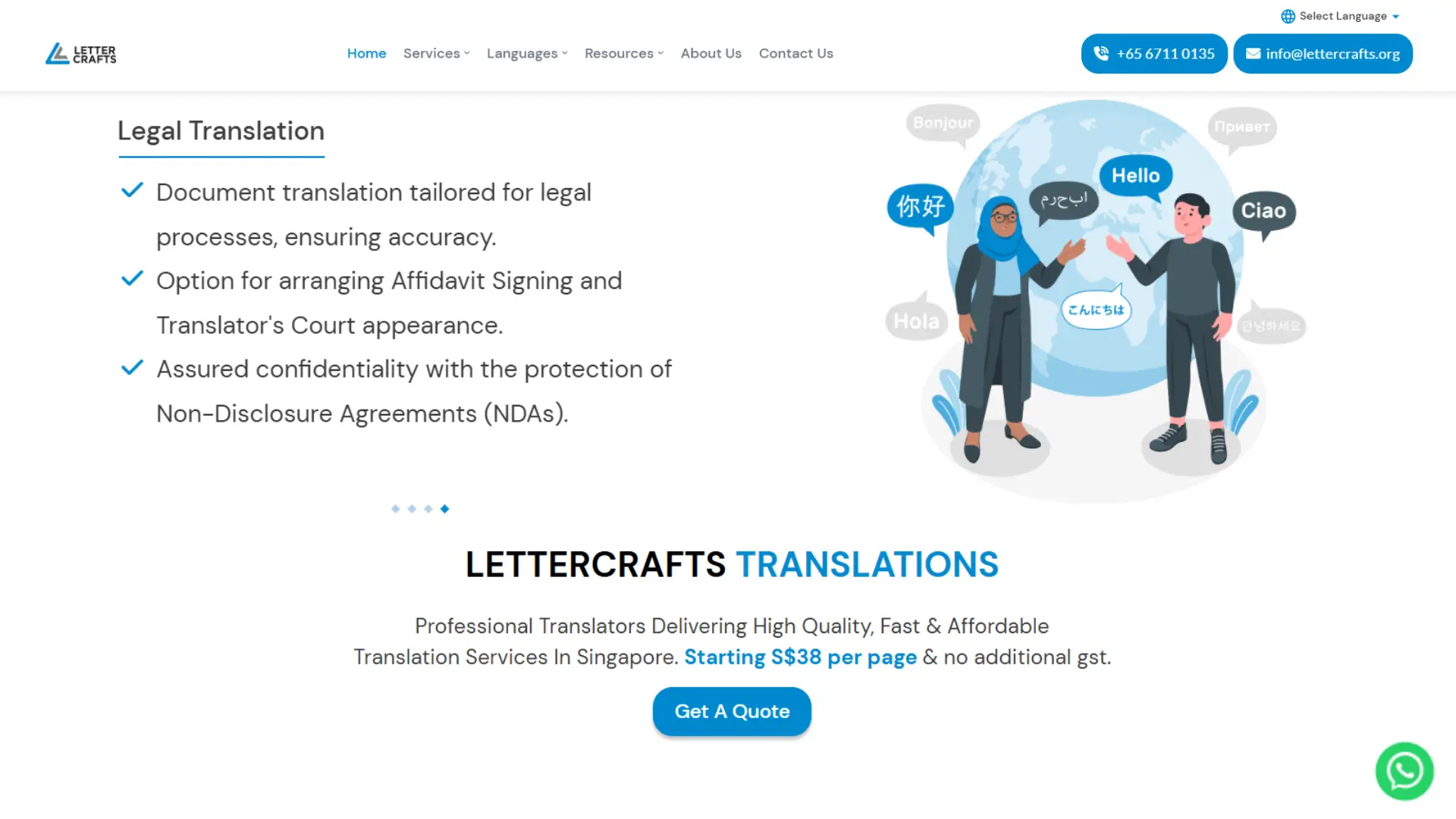 Webpage from Lettercrafts Translations highlighting legal translation services. Left side lists features like affidavit signing and confidentiality. Right side illustration shows two people exchanging greetings in multiple languages around a globe.