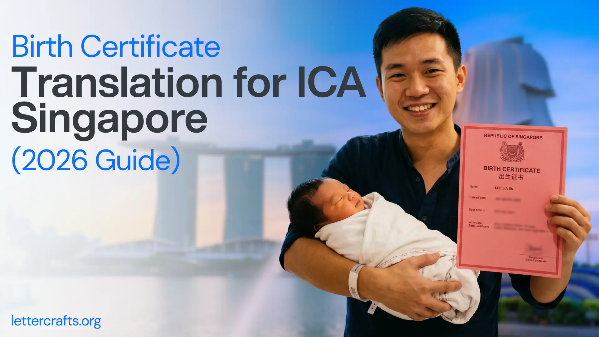 Person holding newborn baby wrapped in white blanket alongside pink Singapore birth certificate. Background shows Marina Bay Sands and Merlion landmarks. Text overlay reads: “Birth Certificate Translation for ICA Singapore (2026 Guide)” with lettercrafts.org branding.