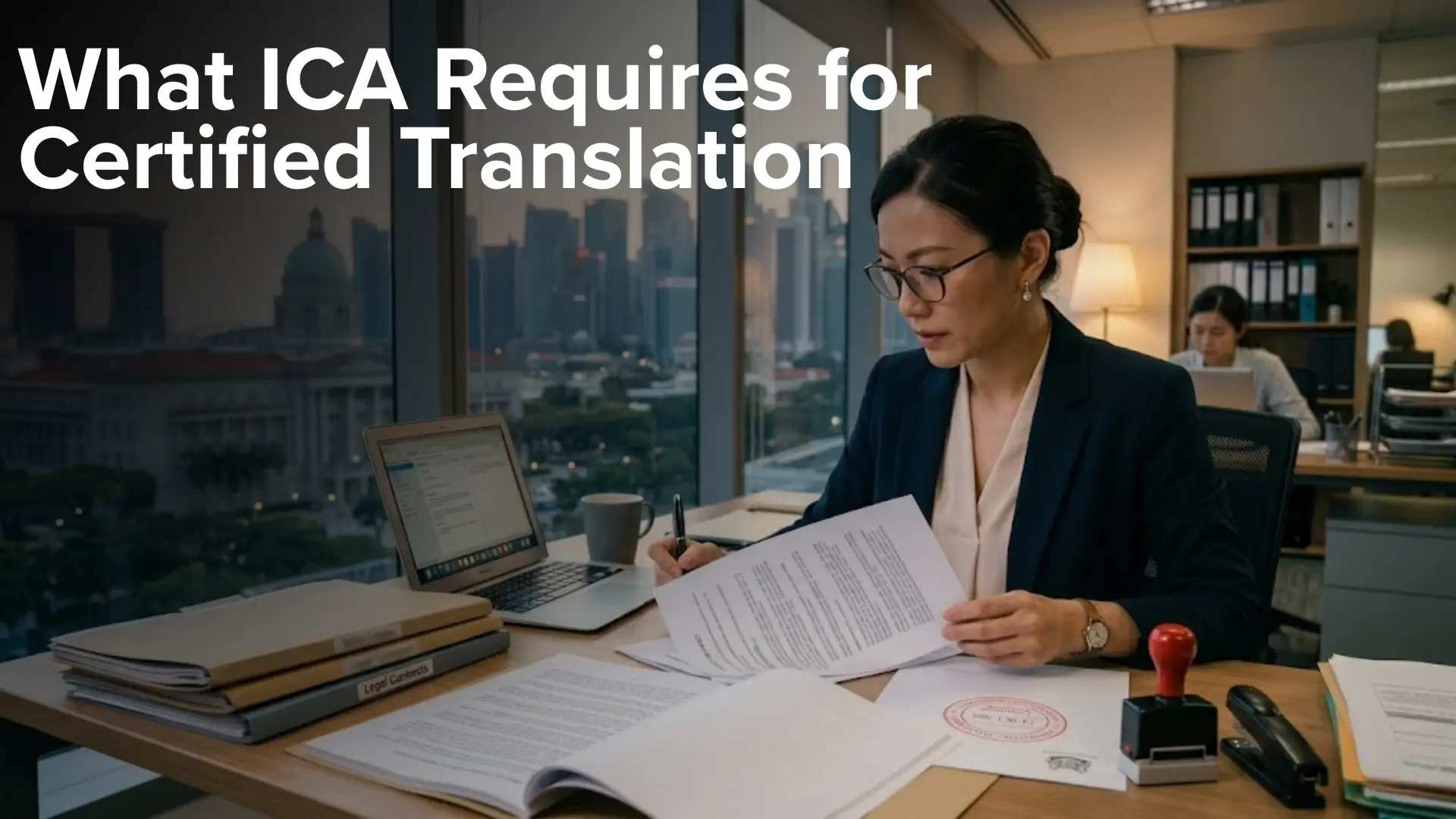 Office scene with woman reviewing documents stamped with red certification seal, laptop open, folders and coffee cup on desk, overlay text “What ICA Requires for Certified Translation.”