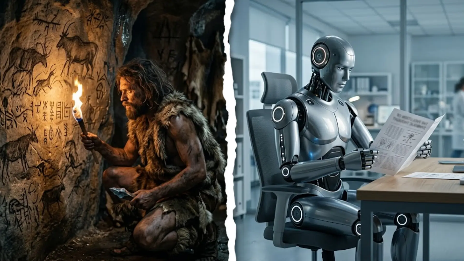 Split image showing prehistoric human examining cave paintings with torch on left, futuristic humanoid robot reading newspaper in modern office on right, symbolizing evolution of communication.
