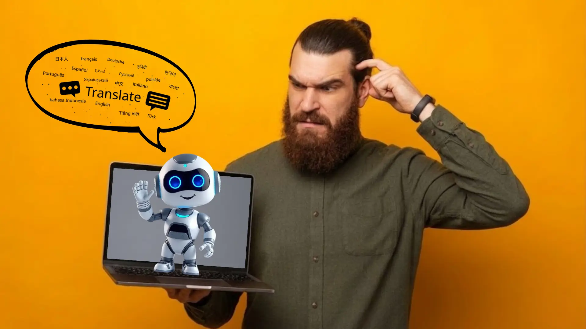 Man holding laptop with cartoon robot waving, puzzled expression, speech bubble above with word “Translate” and languages in native scripts including Japanese, French, Hindi, Korean, Russian, and more.