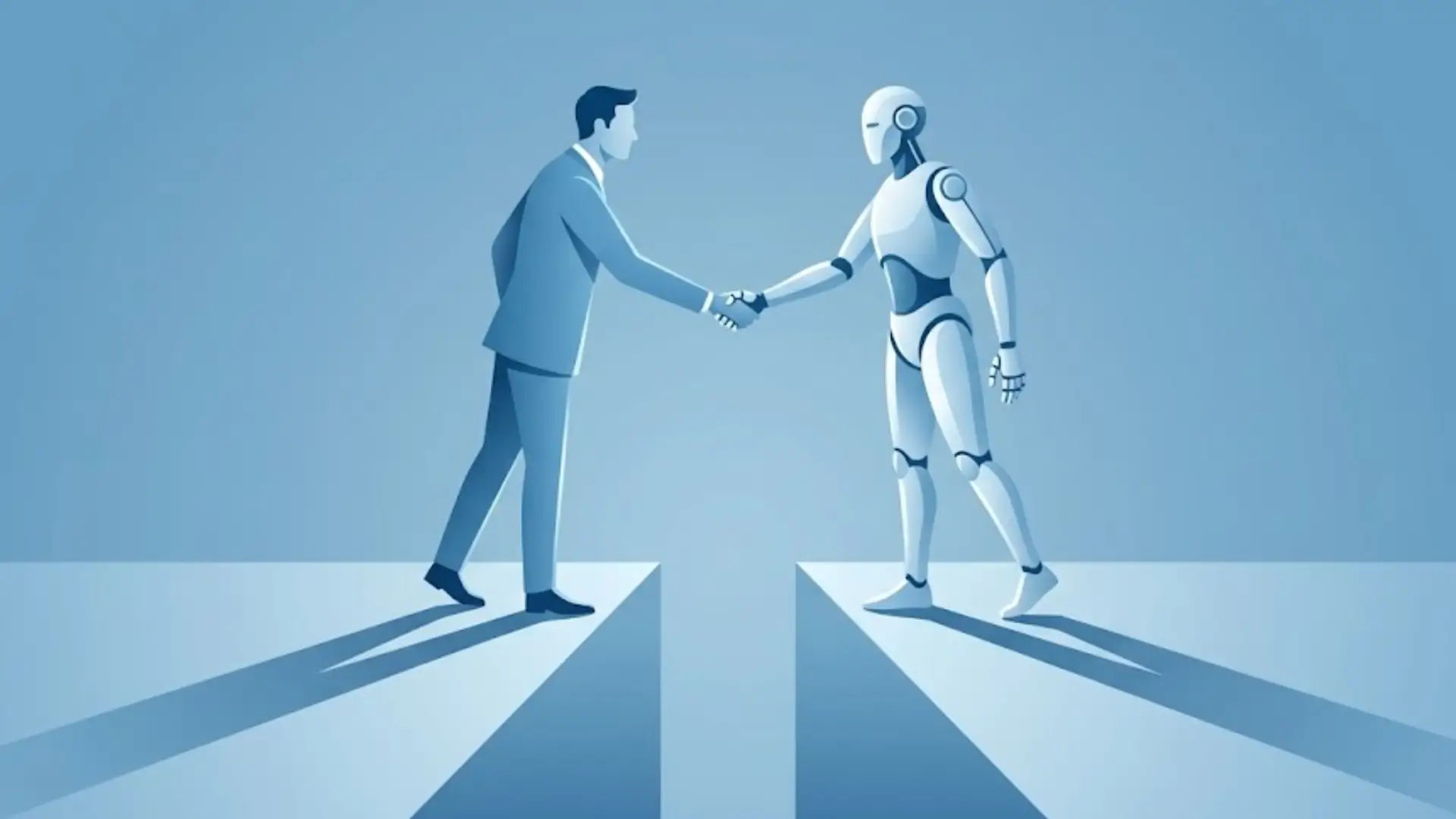 Stylized illustration of human in business suit shaking hands with humanoid robot across separate platforms, blue gradient background, symbolizing partnership between humans and AI.