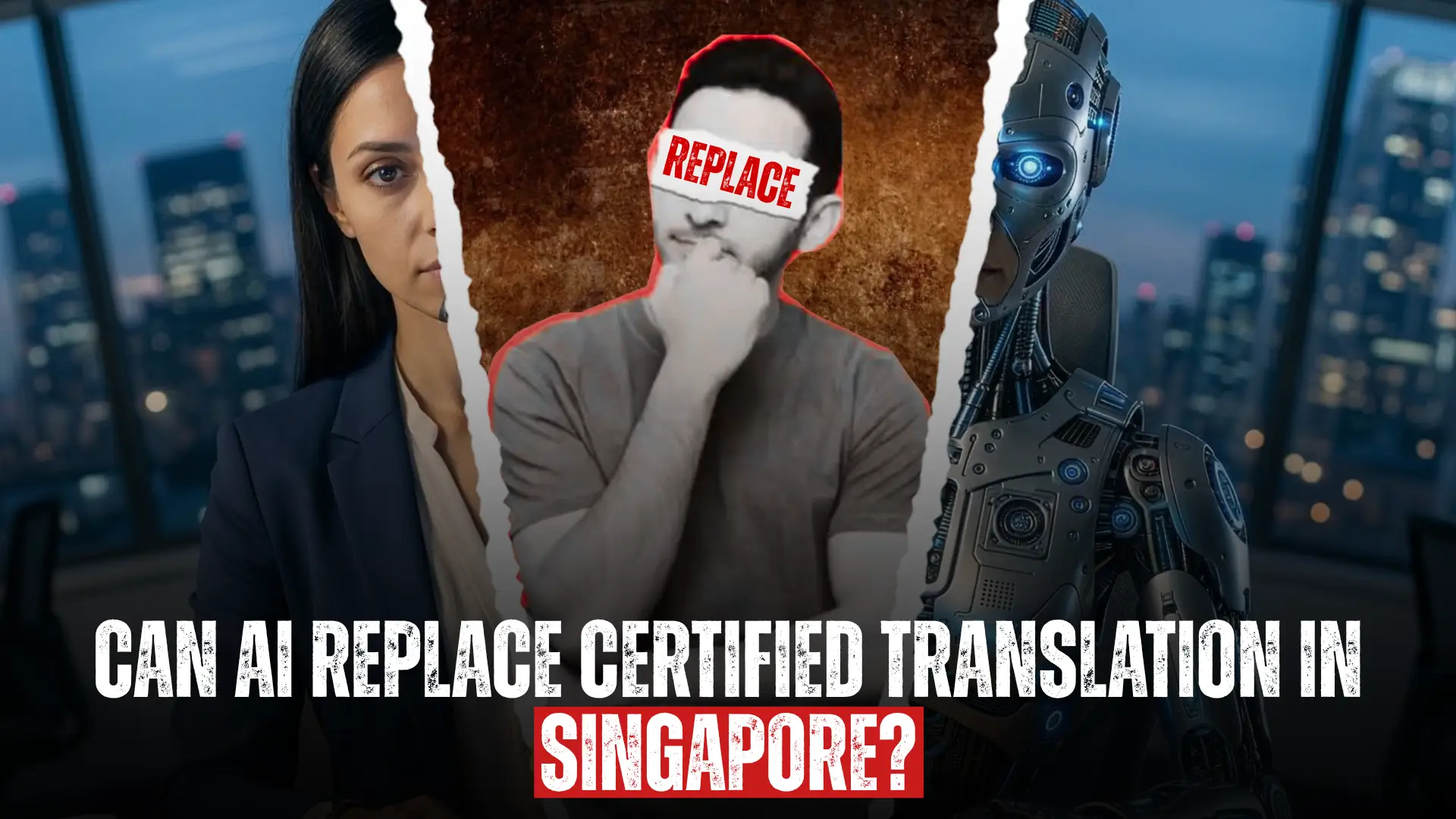 Split composition showing human translator in business attire on left, humanoid robot on right, central torn paper with “REPLACE” text, overlay “Can AI Replace Certified Translation in Singapore?”