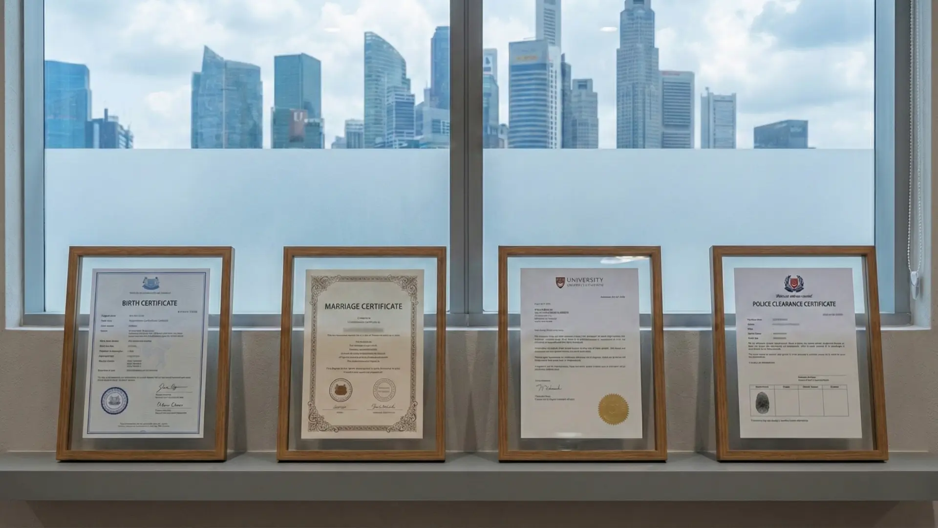 Four framed certificates—Birth, Marriage, University Degree, and Police Clearance—displayed on a shelf with cityscape background, symbolizing key life milestones and official documentation