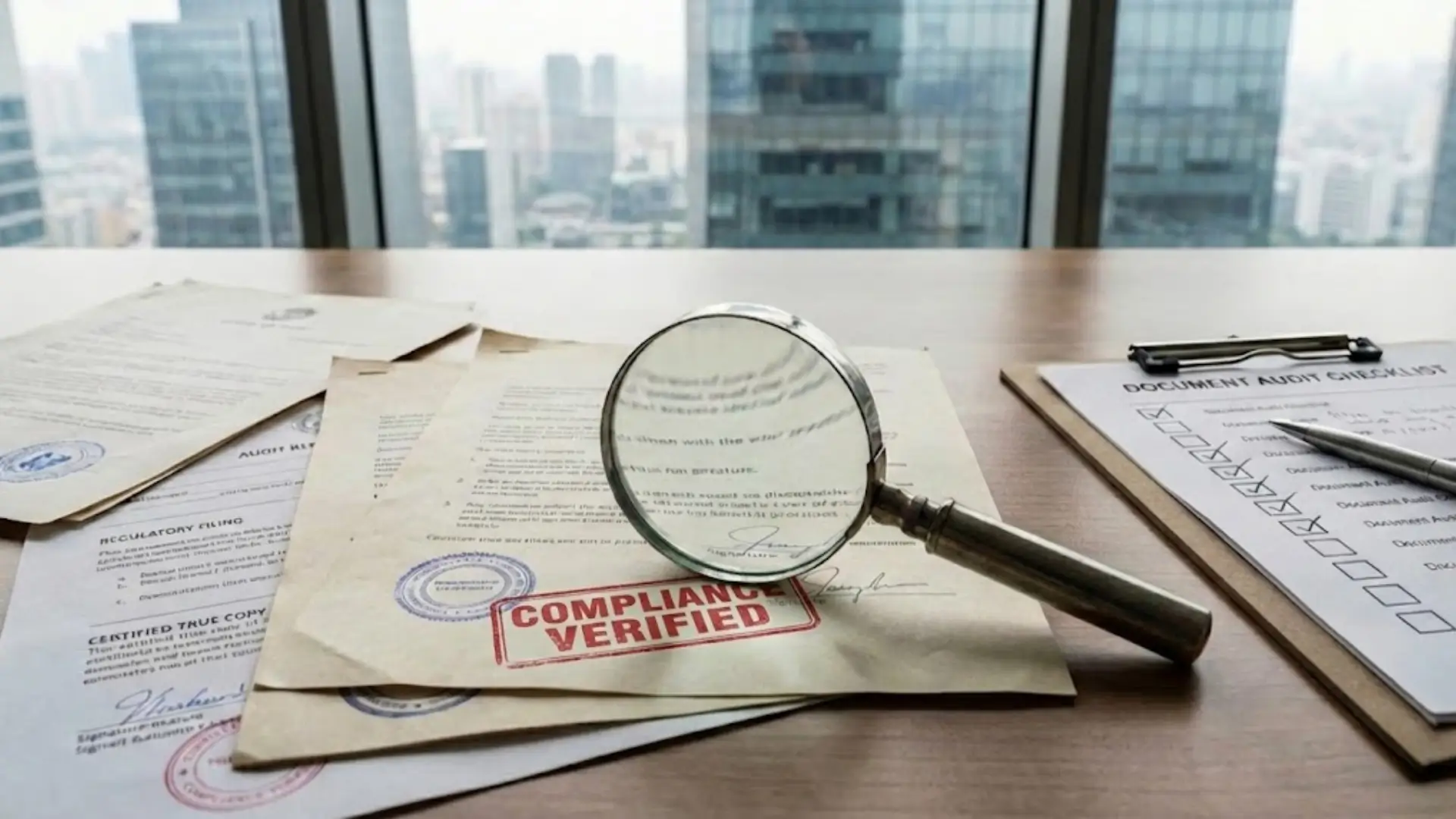 Desk with official documents, clipboard titled “Document Audit Checklist,” and magnifying glass highlighting paper stamped COMPLIANCE VERIFIED, set against office cityscape background.