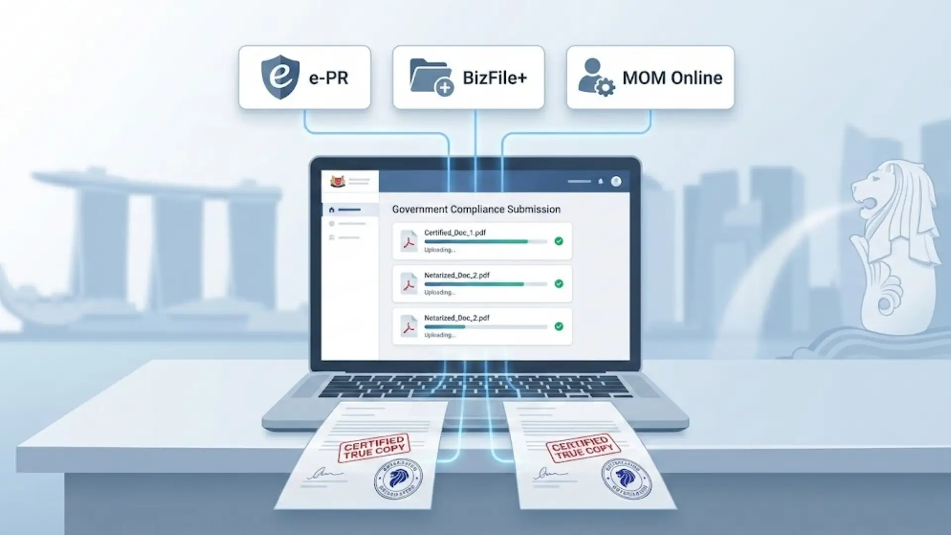 Laptop uploading certified documents to Singapore government portals (e‑PR, BizFile+, MOM Online) with green checkmarks, stamps “Certified True Copy,” and Marina Bay Sands in background.