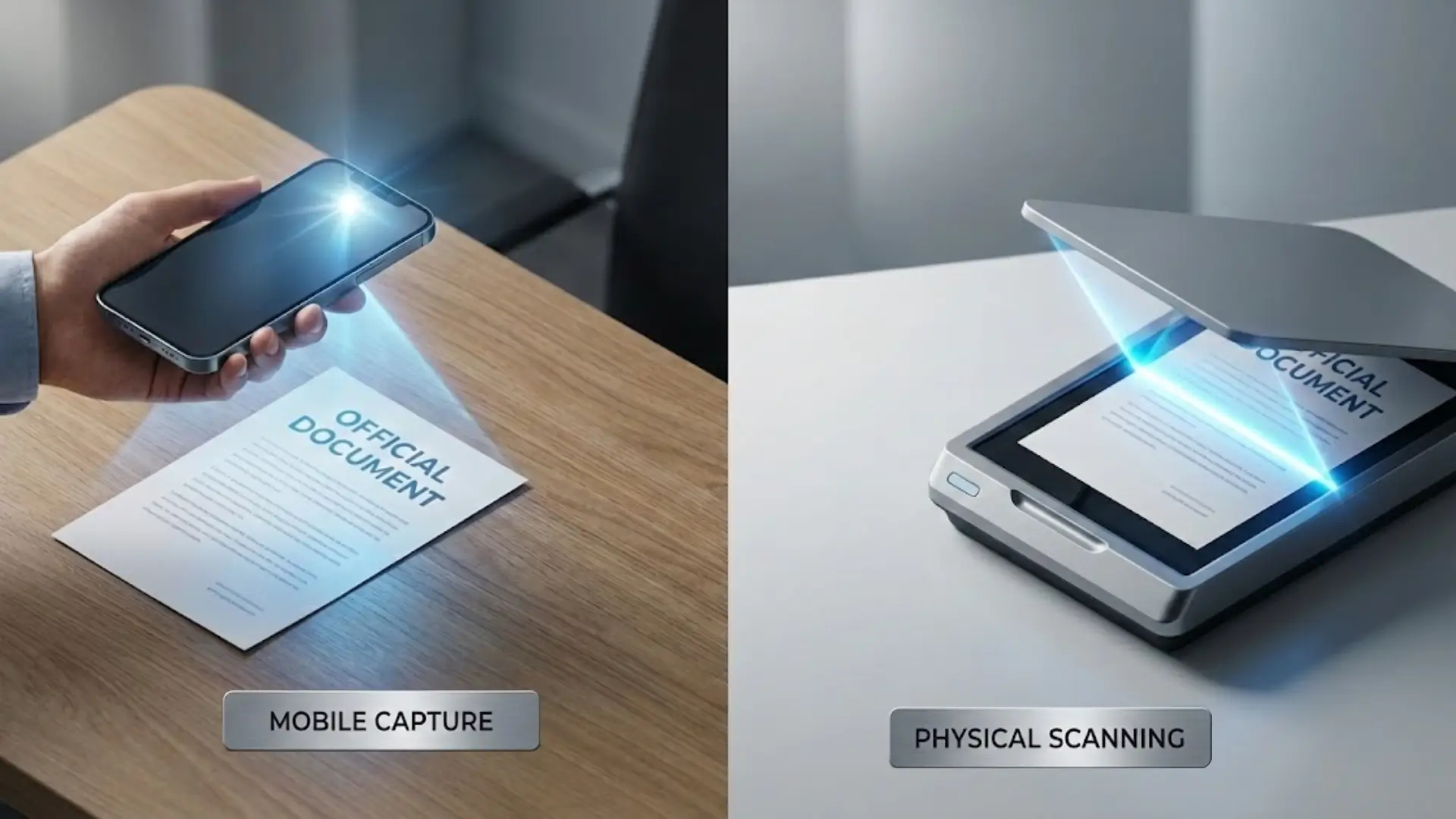Side‑by‑side comparison of document digitization methods: smartphone capturing “Official Document” labeled Mobile Capture versus flatbed scanner labeled Physical Scanning.