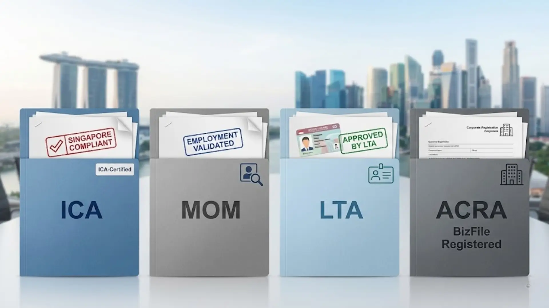 Four folders labeled ICA, MOM, LTA, and ACRA containing certified documents, with Singapore skyline background including Marina Bay Sands, symbolizing compliance approvals.