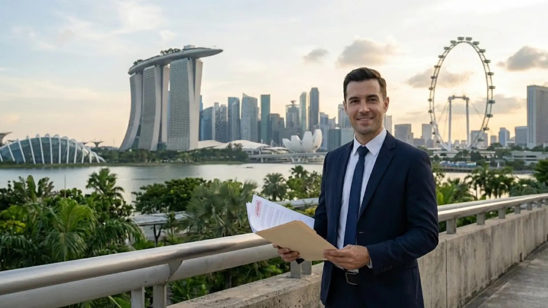 Man in business suit holding folder with CONFIDENTIAL document, standing on walkway with Singapore landmarks including Marina Bay Sands, Singapore Flyer, and Gardens by the Bay.