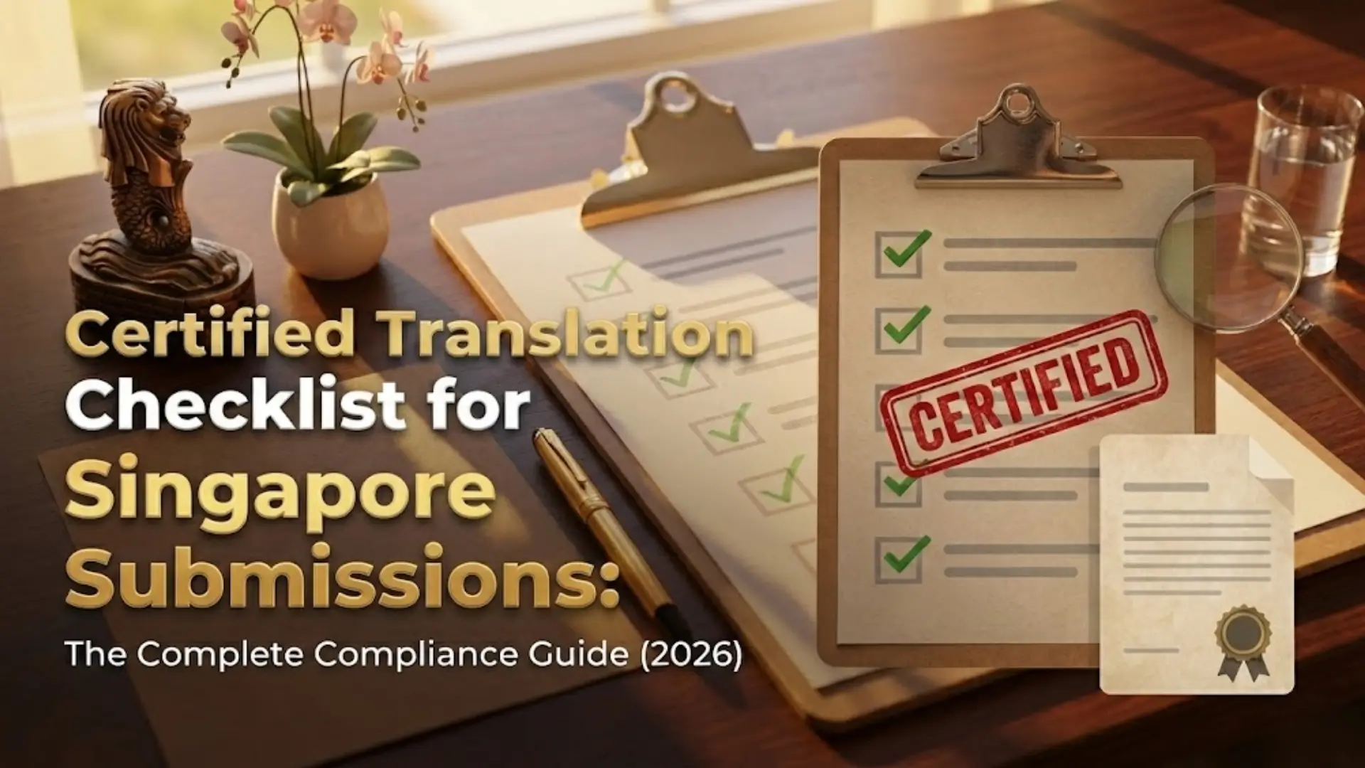 Workspace with clipboard labeled “Certified Translation Checklist for Singapore Submissions,” stamped CERTIFIED, with green checkmarks, magnifying glass, pen, orchid, and Merlion statue.