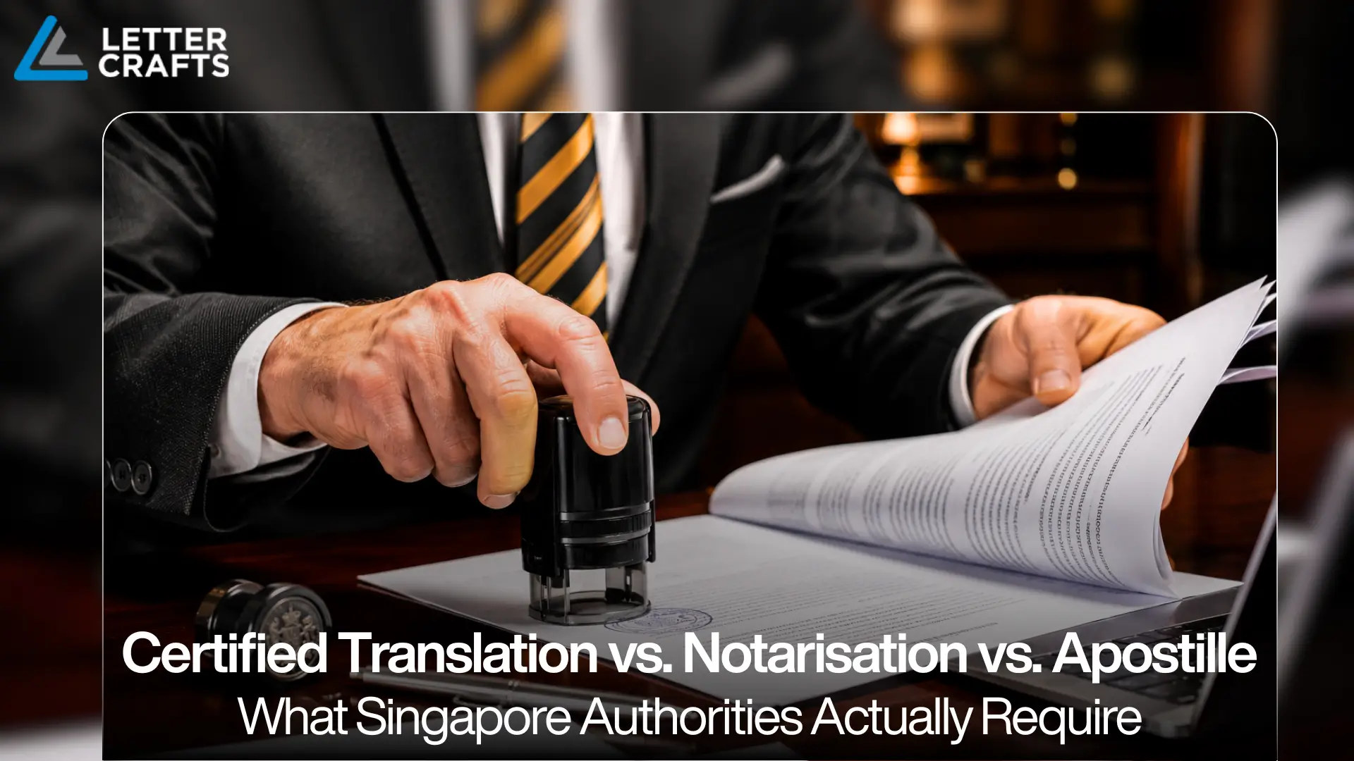 Person in formal attire stamping a document at a desk, with overlaid text comparing certified translation, notarisation, and apostille requirements in Singapore.