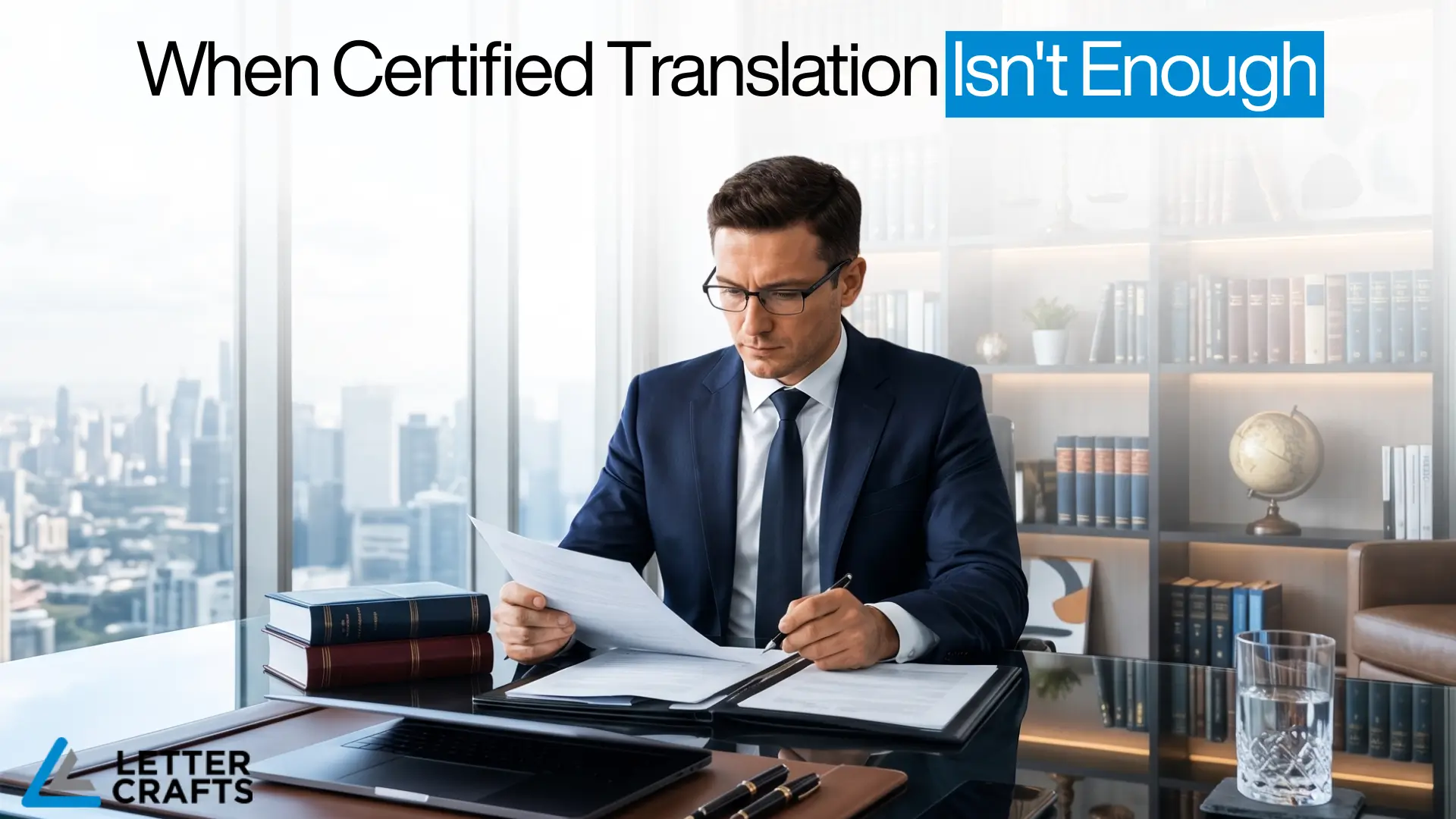 Professional office setting with person in dark blue suit reviewing documents at desk with laptop and books, overlaid text “When Certified Translation Isn’t Enough.”