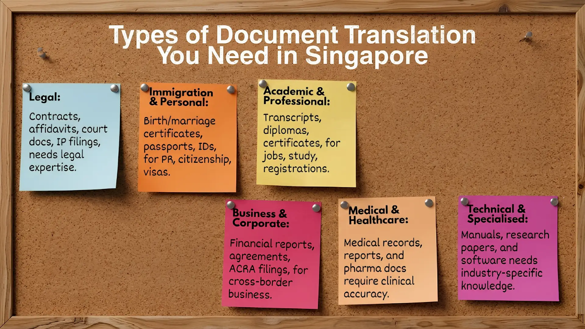 Bulletin board with six colorful sticky notes titled “Types of Document Translation You Need in Singapore,” listing legal, immigration, academic, business, medical, and technical categories.