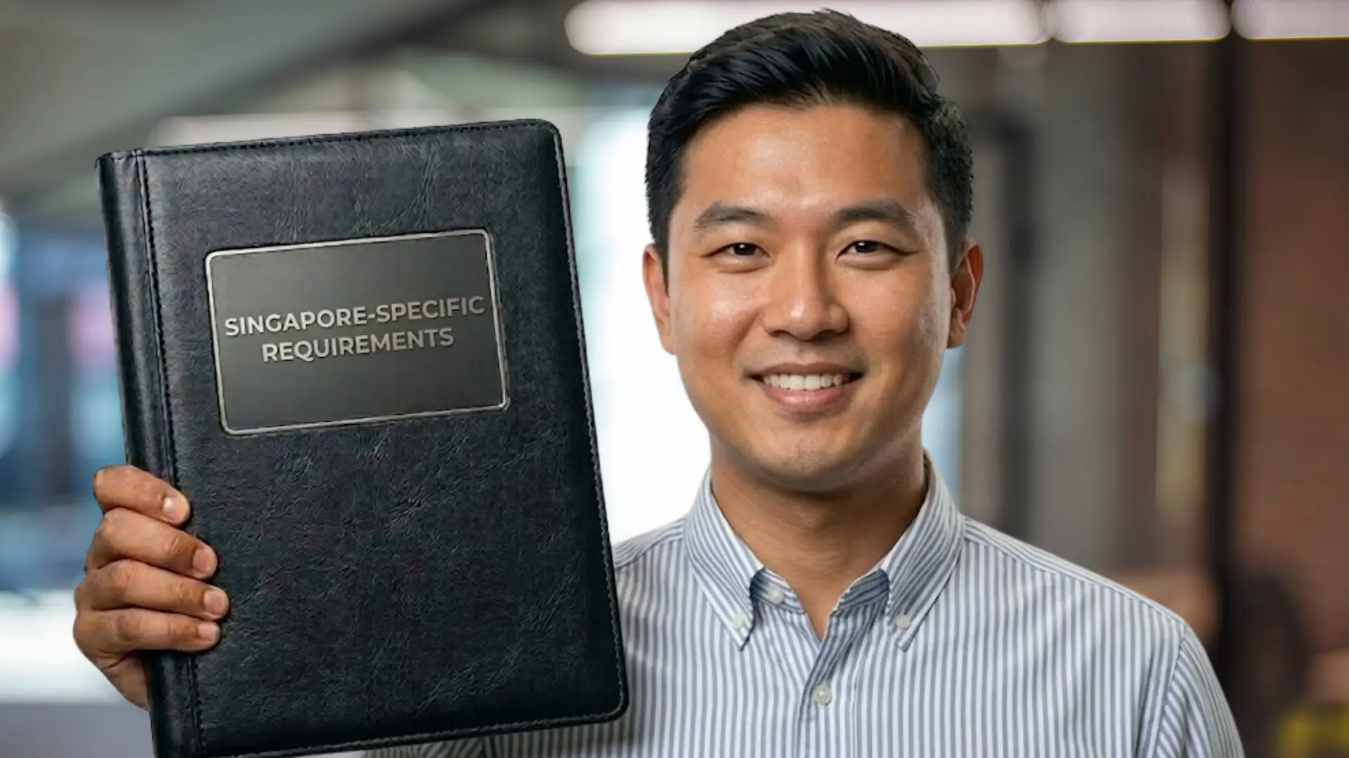 Smiling person holding black binder with metallic label reading “Singapore‑Specific Requirements,” indoor office background with blurred architectural elements