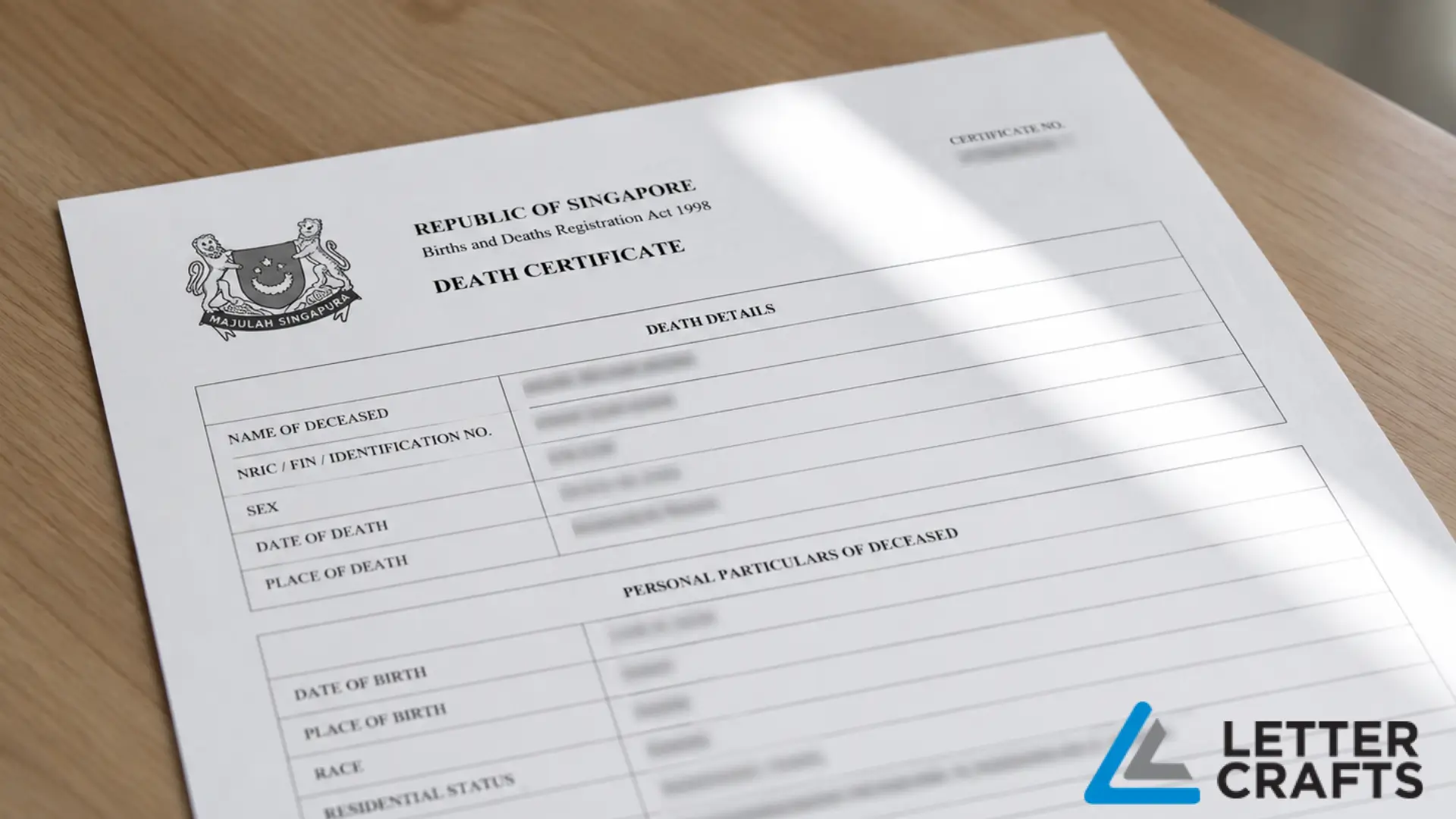 Government-issued death certificate under the Republic of Singapore Births and Deaths Registration Act, showing fields for deceased’s name, ID number, sex, date and place of death, birth details, race, and residential status.