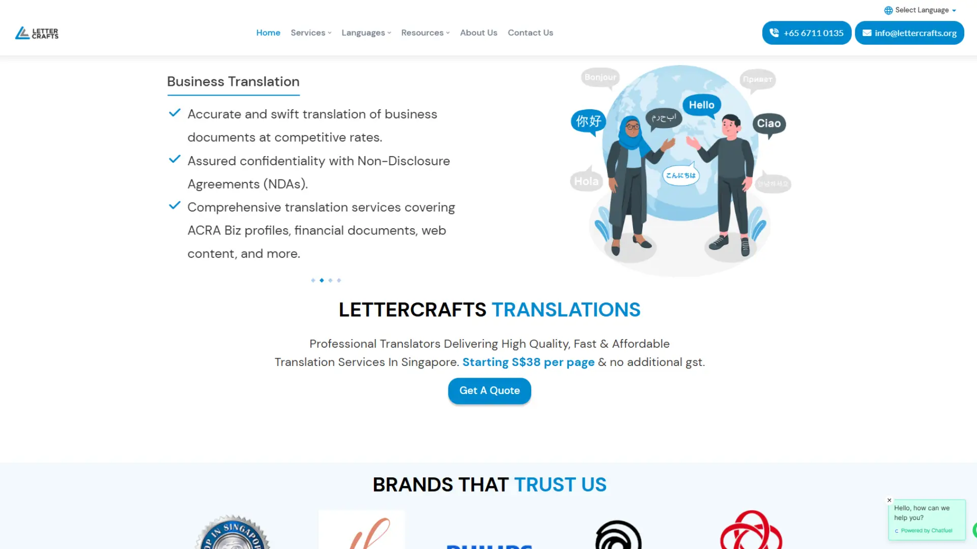Website page for Lettercrafts translation services featuring navigation menu, contact details, business translation highlights, illustration of people greeting in multiple languages, pricing details, and brand logos under “Brands That Trust Us.”