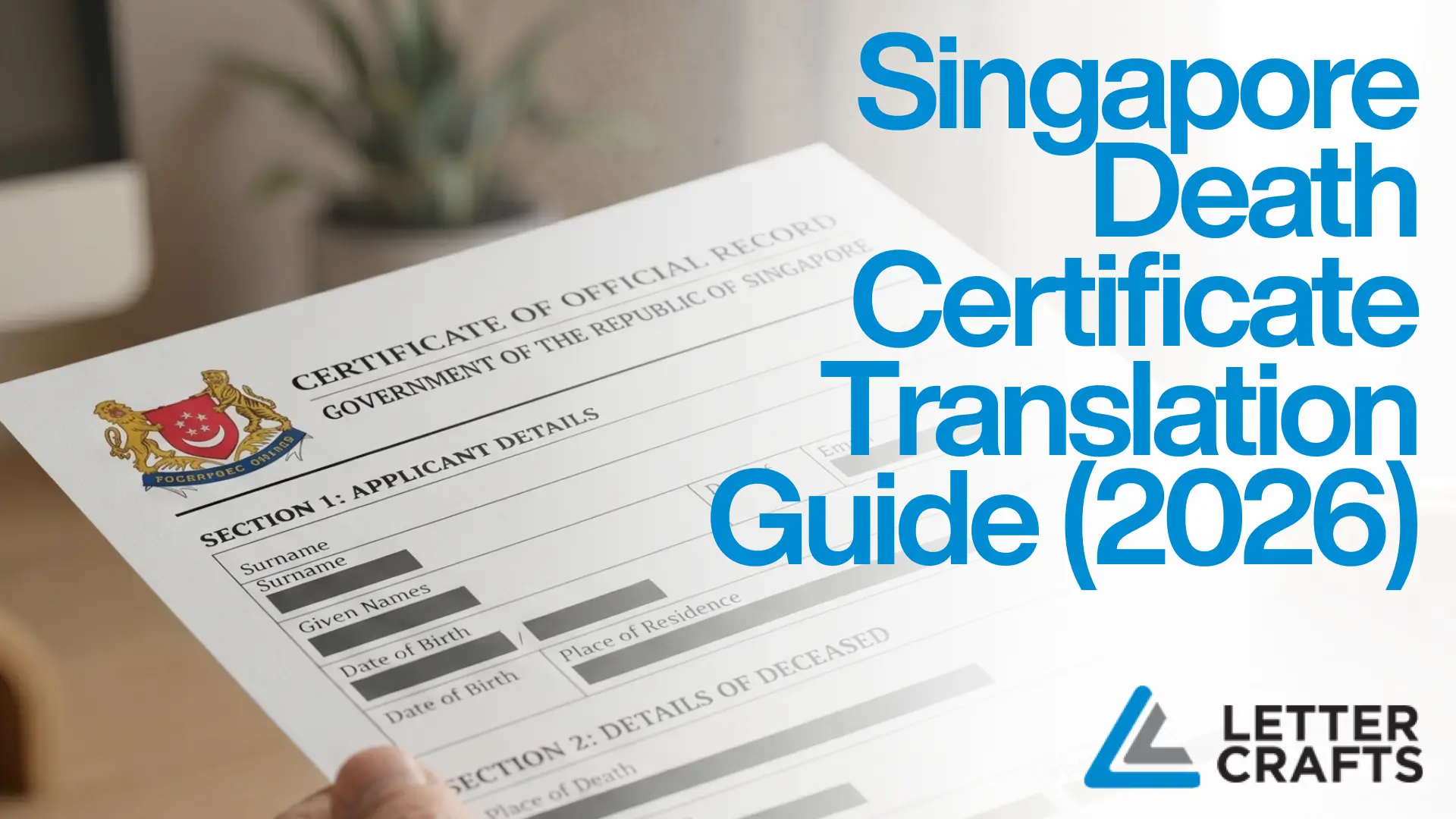 Official Singapore government document titled “Certificate of Official Record,” with sections for applicant and deceased details, alongside bold text “Singapore Death Certificate Translation Guide (2026).”