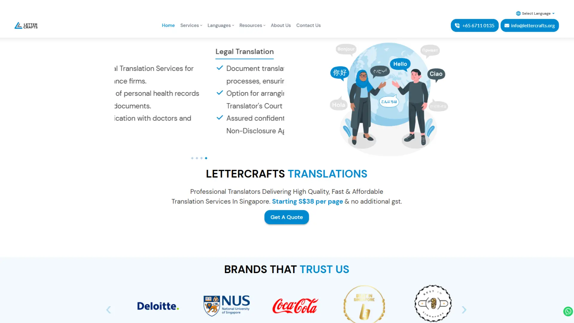 Website page for Lettercrafts highlighting legal translation services with checklist of offerings, illustration of multilingual greetings around a globe, pricing details, and trusted brand logos including Deloitte, NUS, and Coca-Cola.