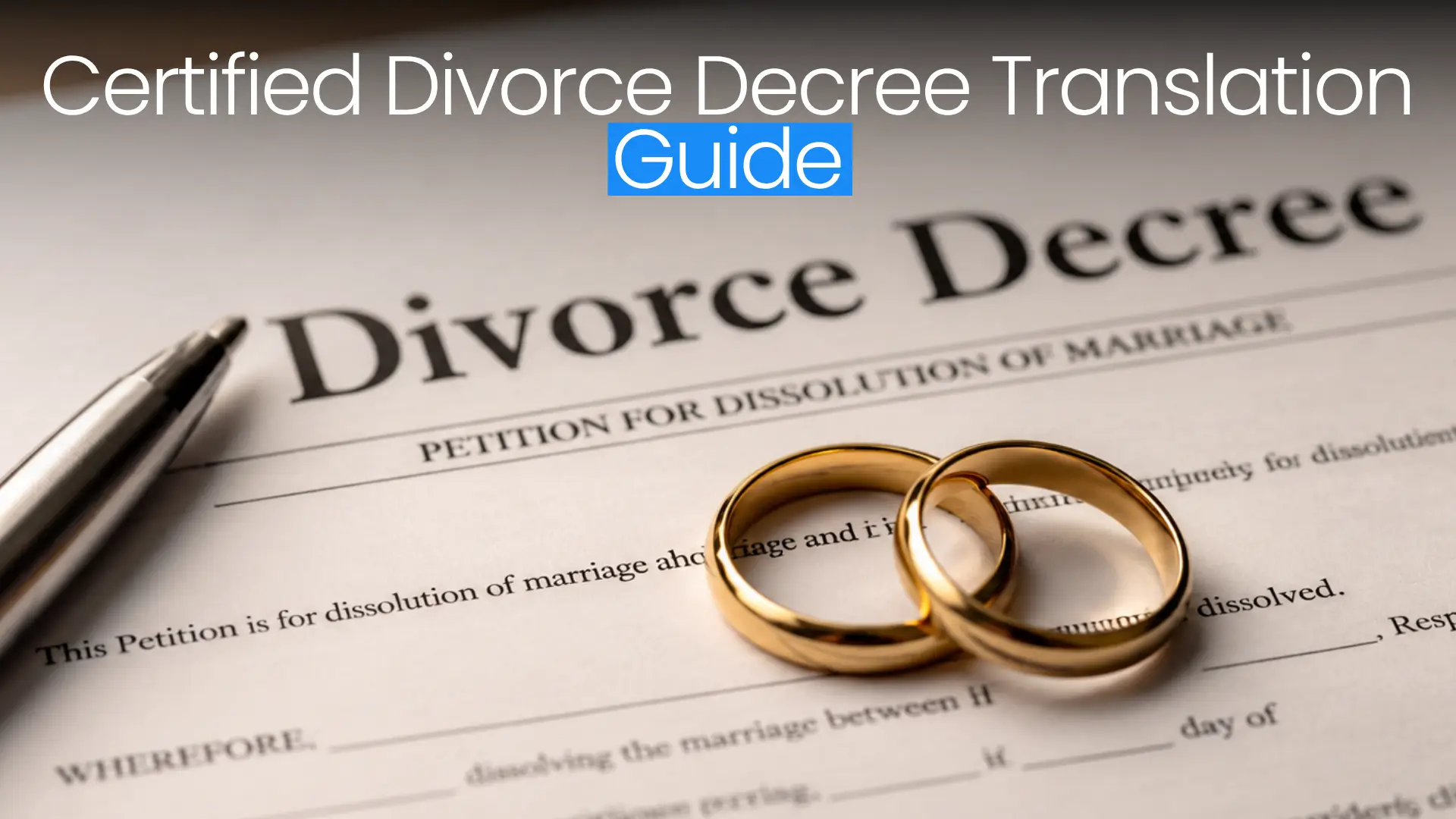 Close‑up of divorce decree document titled “Petition for Dissolution of Marriage” with two gold wedding rings and metallic pen, overlaid text “Certified Divorce Decree Translation Guide.”