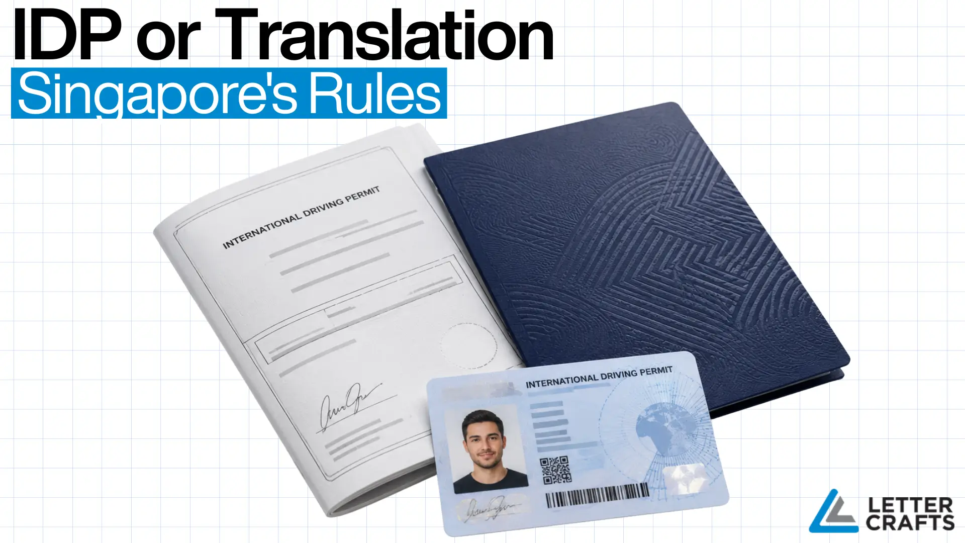 Arrangement of international driving permit documents including open booklet, closed cover, and plastic card with photo and QR code, overlaid text “IDP or Translation - Singapore's Rules.”