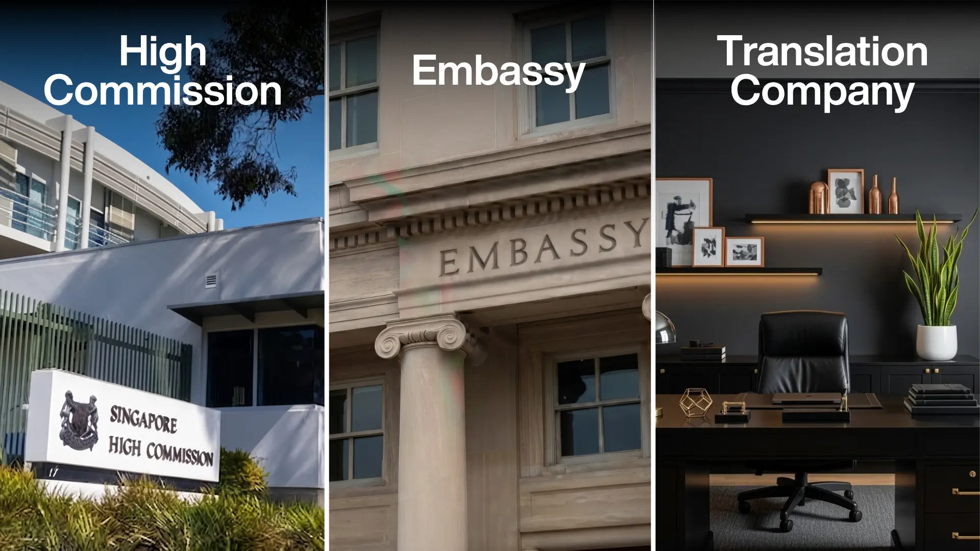 Split image showing three institutions: modern Singapore High Commission building, classical embassy with columns, and sleek translation company office interior.