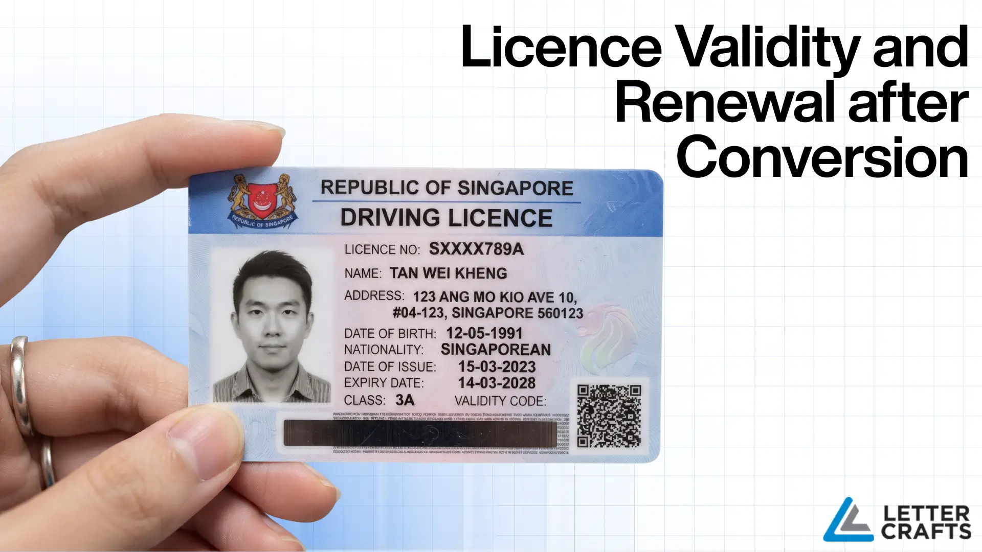Close-up of Republic of Singapore driving licence card with holder’s details, QR code, and overlaid text “Licence Validity and Renewal after Conversion.”