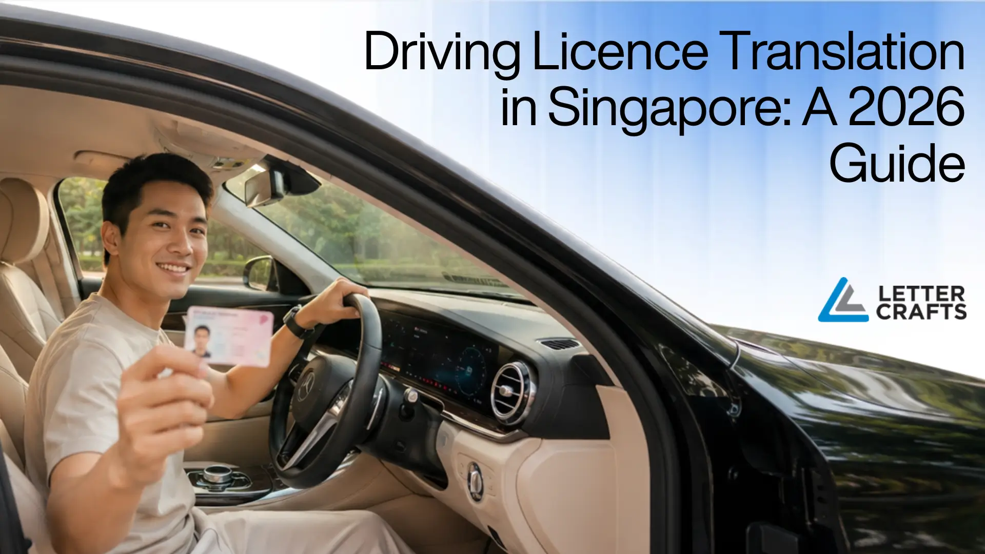 Person sitting in car driver's seat holding up a driving licence card, with overlaid text “Driving Licence Translation in Singapore: A 2026 Guide.”
