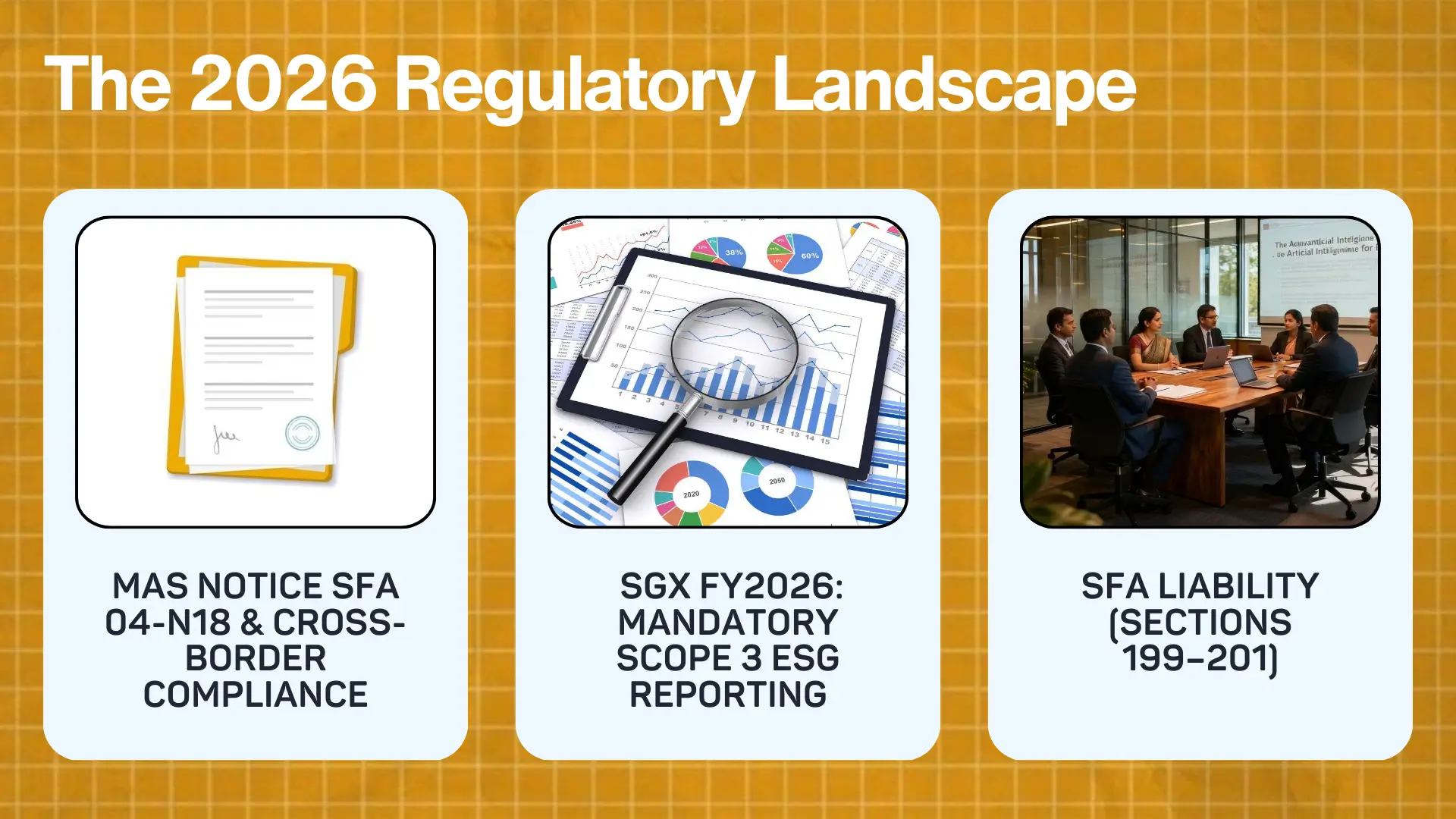Infographic titled “The 2026 Regulatory Landscape” with three sections: MAS notice & cross‑border compliance, SGX FY2026 mandatory Scope 3 ESG reporting, and SFA liability sections 199–201.