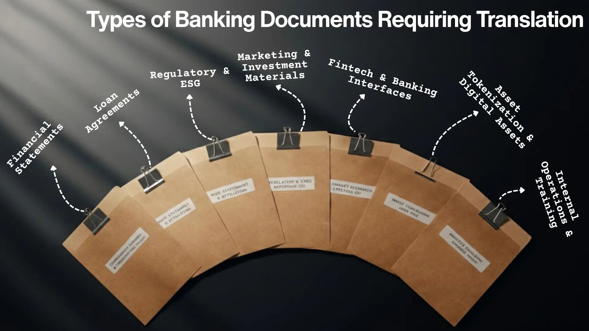 Seven brown folders arranged in semi‑circle labeled financial statements, loan agreements, regulatory & ESG, marketing & investment materials, fintech interfaces, asset tokenization, and internal operations.