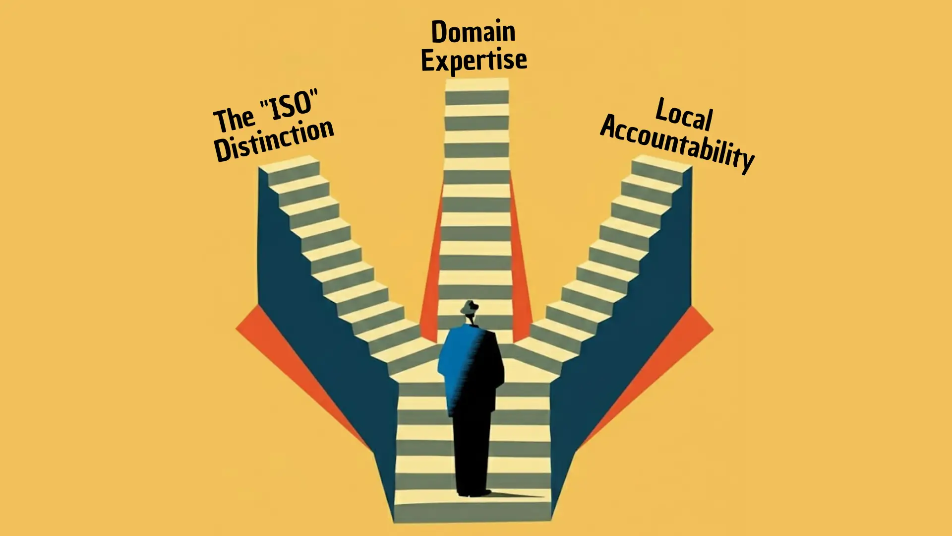 Stylized illustration of person in suit standing at base of three diverging staircases labeled “ISO Distinction,” “Domain Expertise,” and “Local Accountability,” against solid yellow background.