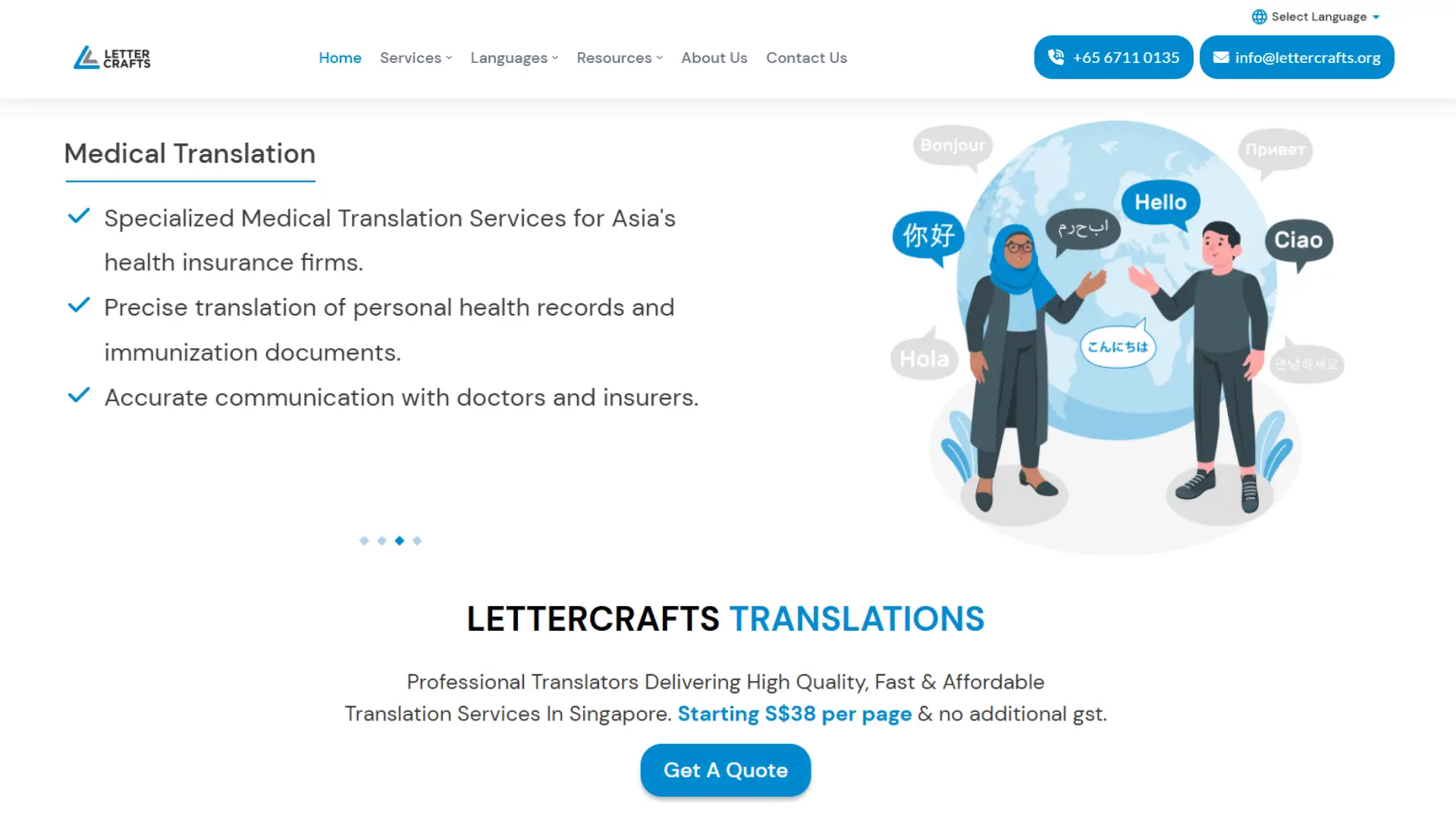 Lettercrafts Translations promotional page highlighting medical translation for Asia’s health insurance firms, multilingual greetings illustration with globe background, text “Starting S$38 per page.”