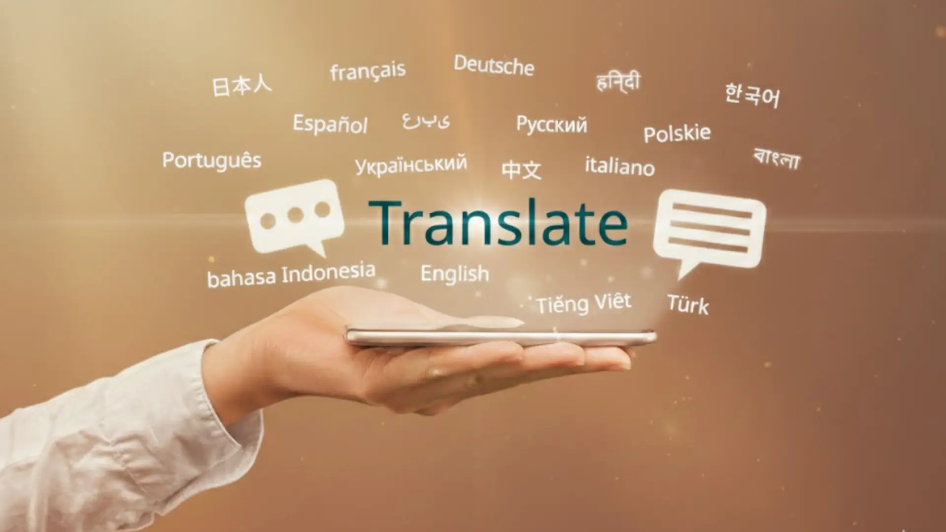 Hand holding smartphone with word “Translate” above, surrounded by languages in native scripts including Japanese, French, German, Hindi, Korean, Bengali, Chinese, Russian, Arabic, Spanish, and more.