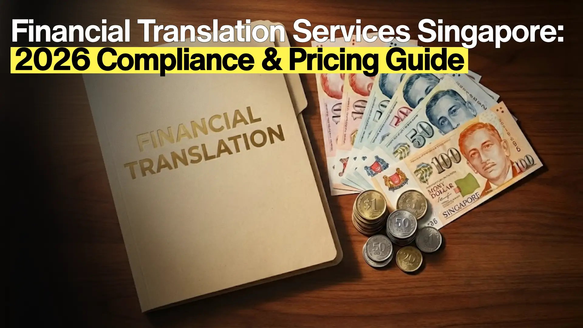 Folder labeled “Financial Translation” on wooden surface with Singapore banknotes and coins, text “Financial Translation Services Singapore: 2026 Compliance & Pricing Guide.”