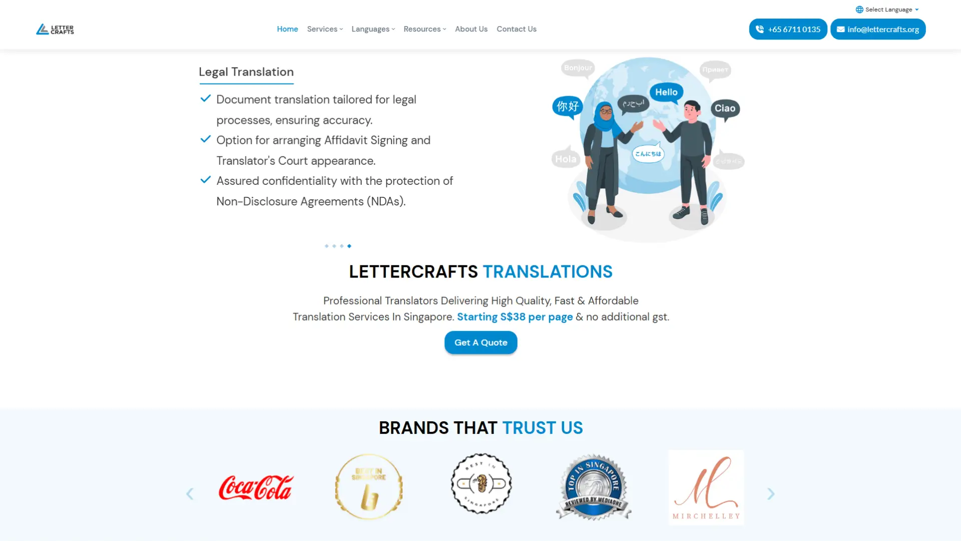 Website page promoting legal translation services with multilingual greetings illustration, service details including affidavits and confidentiality, pricing, and trusted brand logos including Coca-Cola.