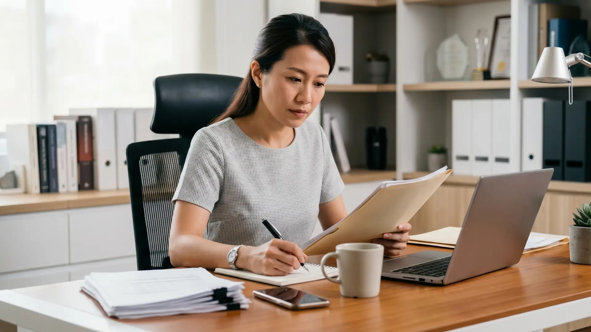 Office desk with laptop, coffee mug, smartphone, papers, and plant. Person writing in notebook while holding a folder, with shelves of books, binders, and trophies in the background.