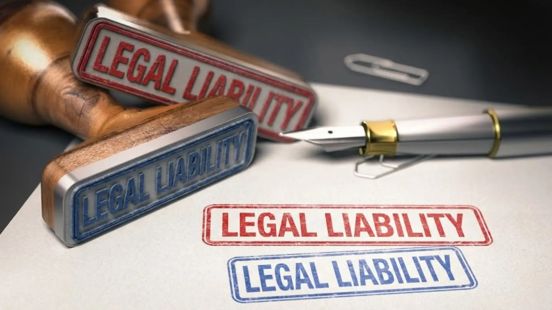 Two rubber stamps labeled “Legal Liability” in red and blue ink on document, with fountain pen and paperclip nearby.