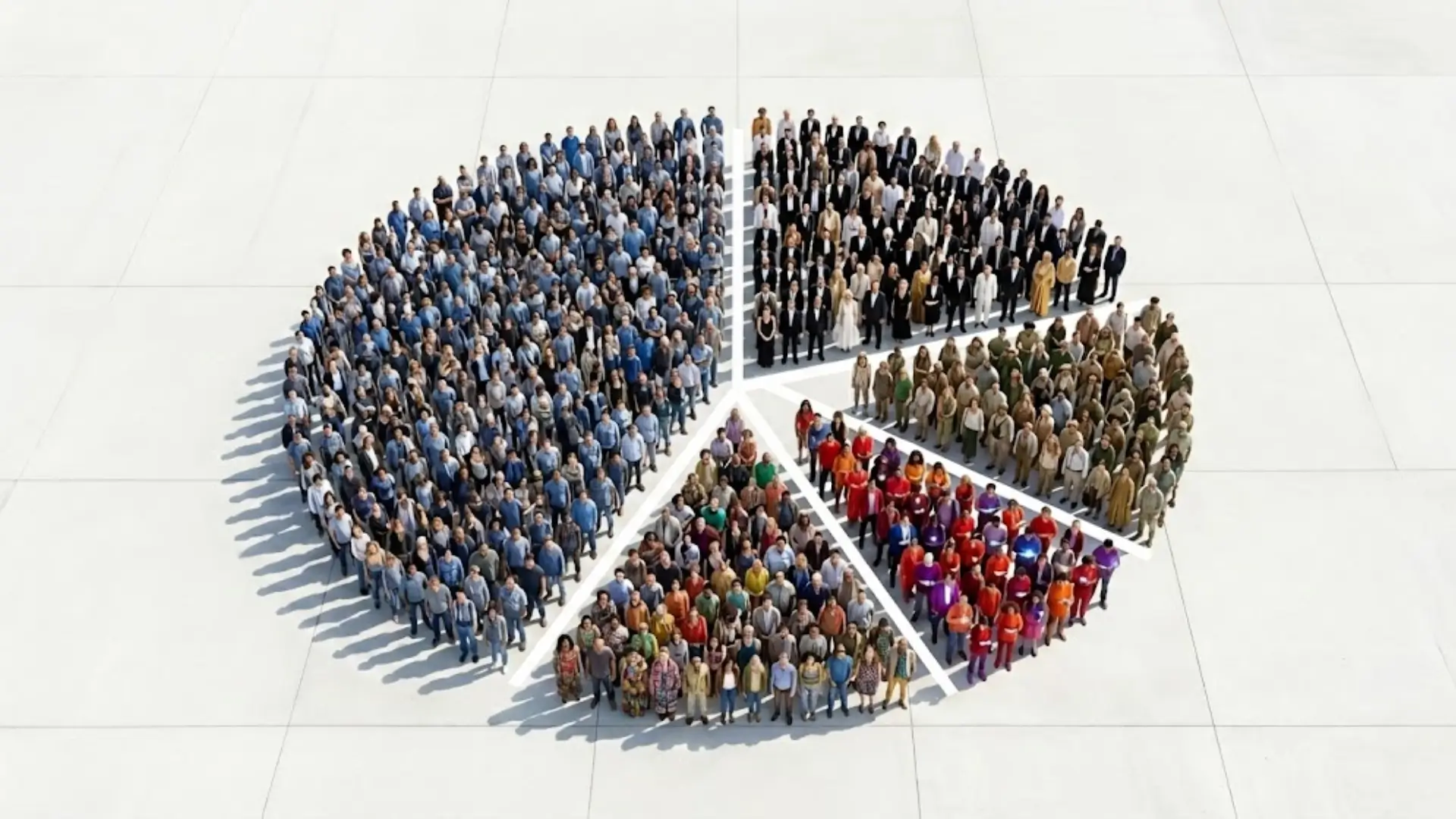 Large group of people arranged in segments of a pie chart, each group distinguished by clothing color and style, symbolizing demographic distribution.