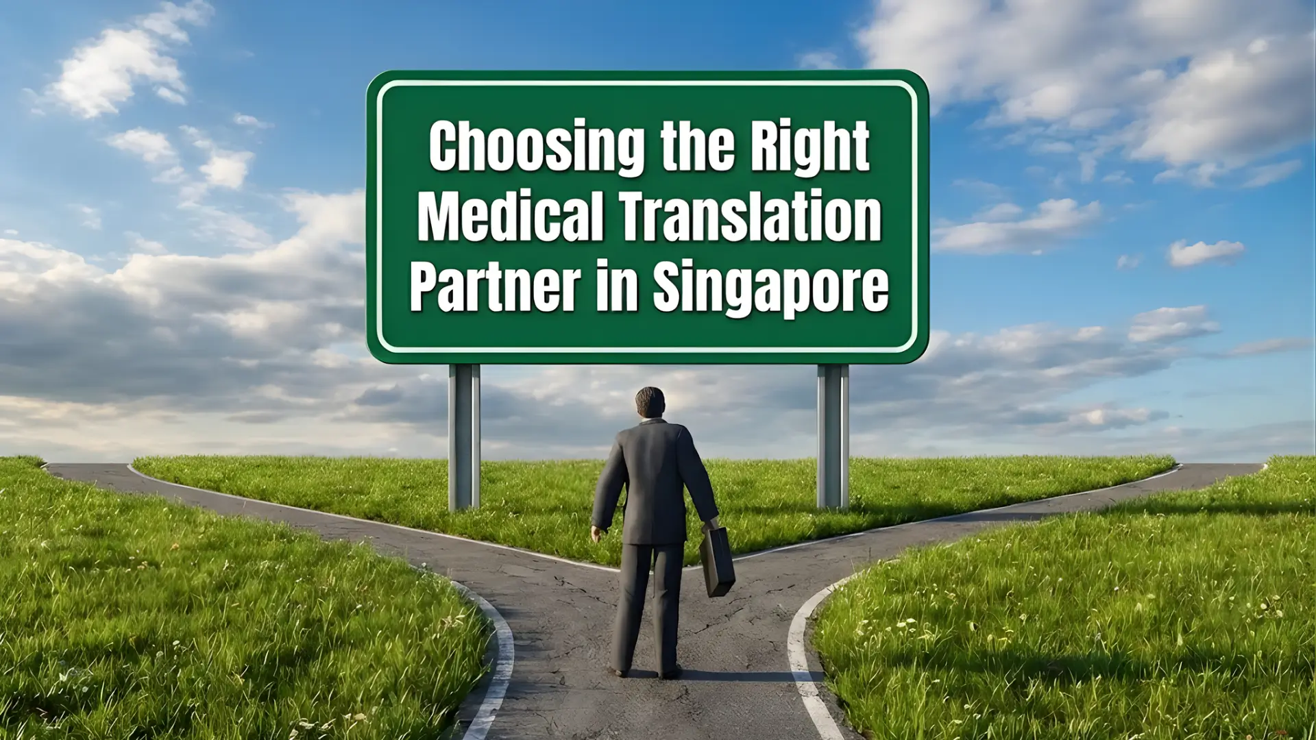 Businessperson with briefcase standing at fork in road under green sign reading “Choosing the Right Medical Translation Partner in Singapore.”