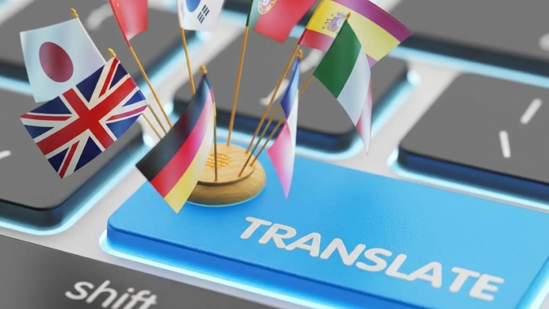 Close‑up of computer keyboard with blue “Translate” key and miniature flags of Japan, UK, Germany, France, Italy, Spain, Portugal, South Korea, and Russia, symbolizing global language translation.