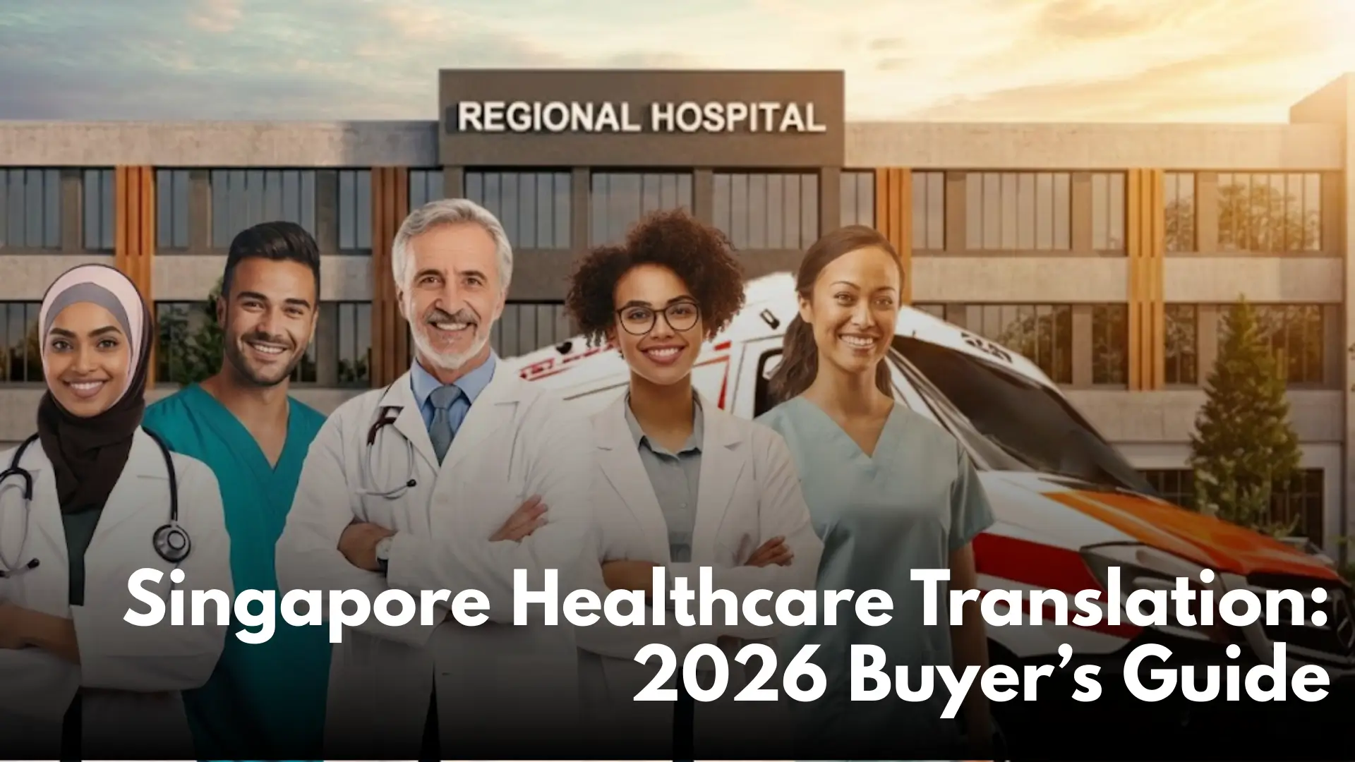 Group of five healthcare professionals in front of Regional Hospital with ambulance, promoting “Singapore Healthcare Translation: 2026 Buyer’s Guide.”