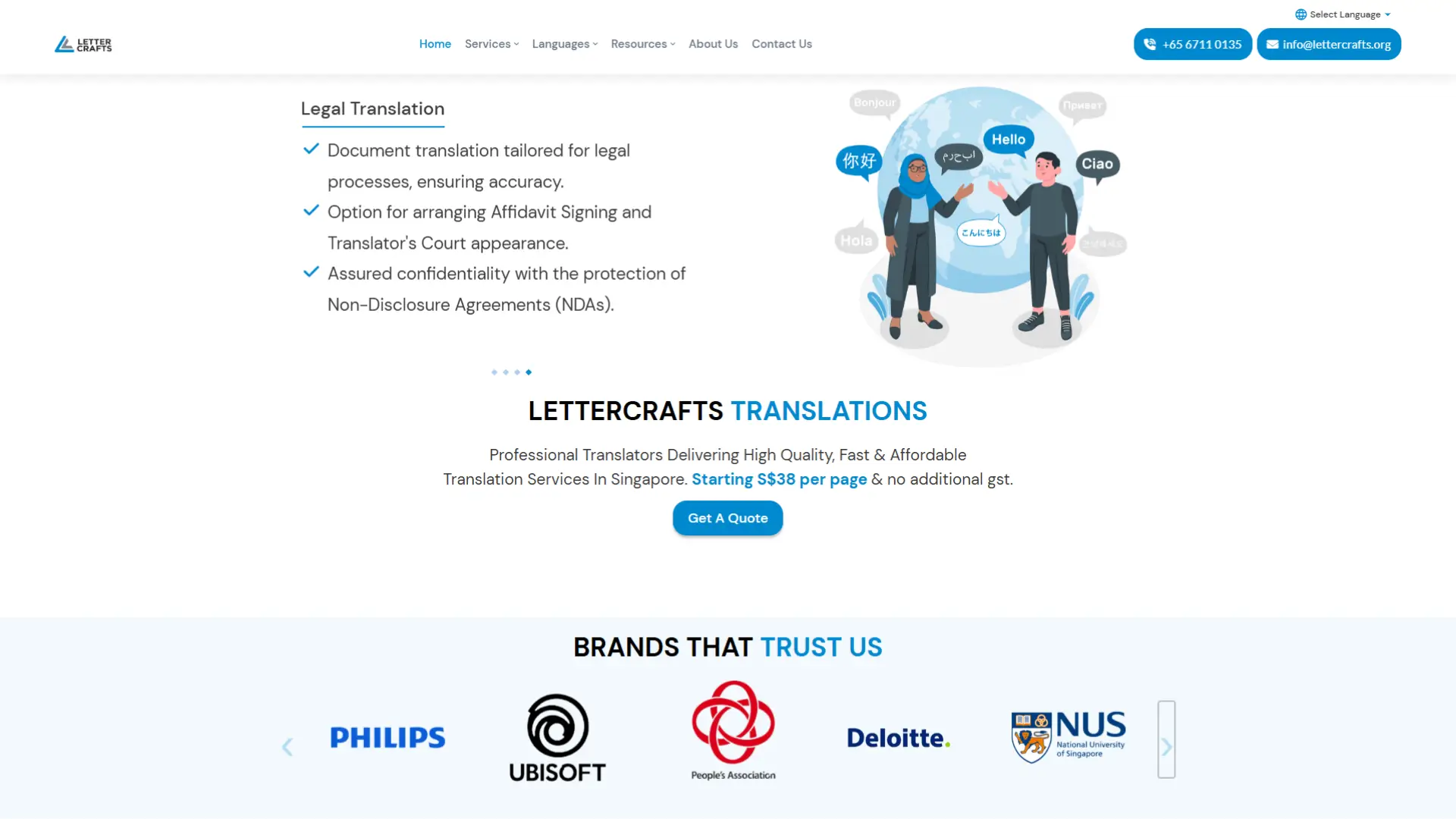 Letter Crafts website showing legal translation services, including document translation, affidavit signing, court appearance arrangements, and confidentiality, with a list of trusted brands including Philips, Ubisoft, People’s Association, Deloitte, and NUS.