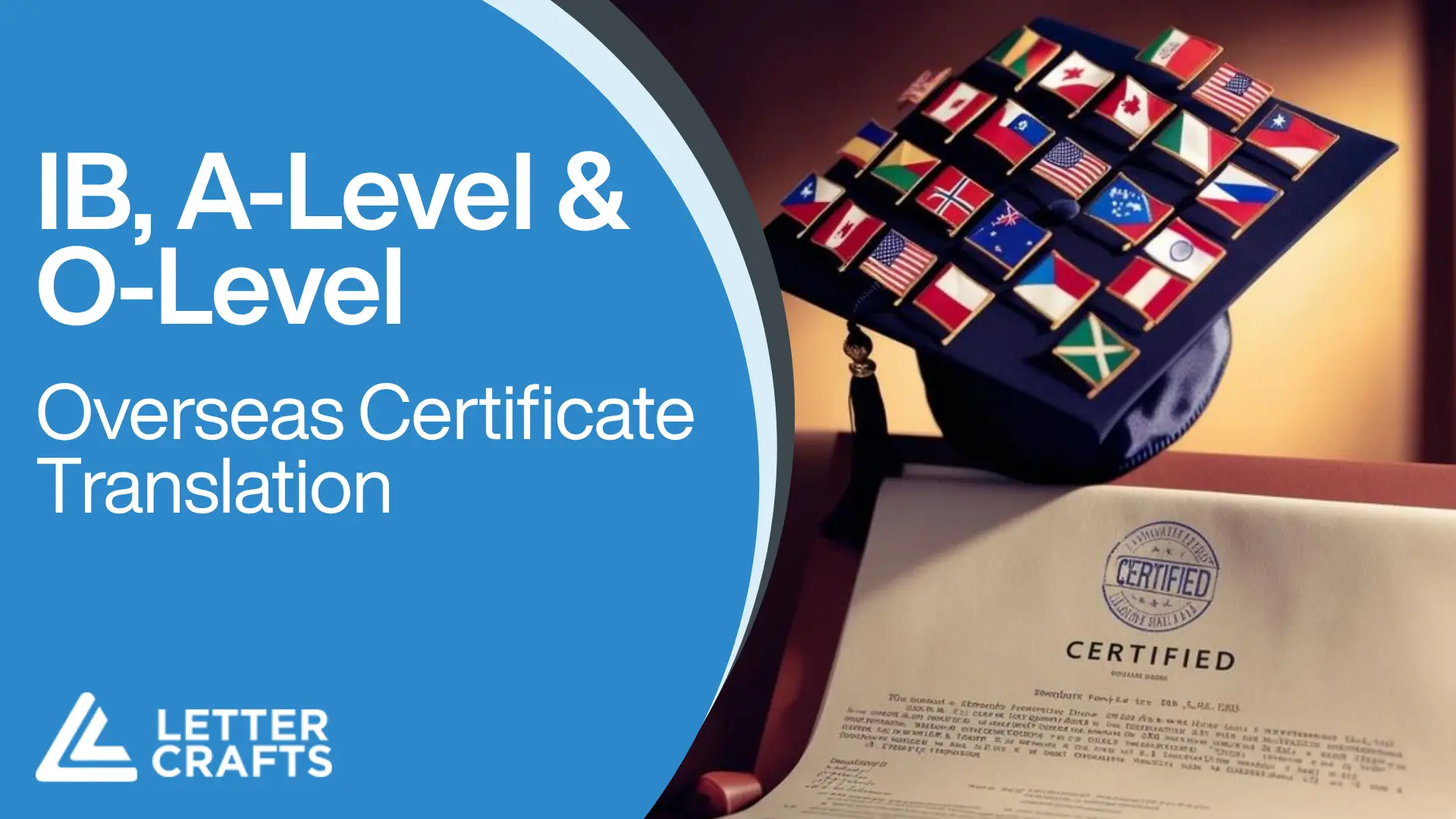 Graphic for Letter Crafts featuring the text “IB, A-Level & O-Level Overseas Certificate Translation,” alongside an international graduation cap decorated with country flags and a certified document.