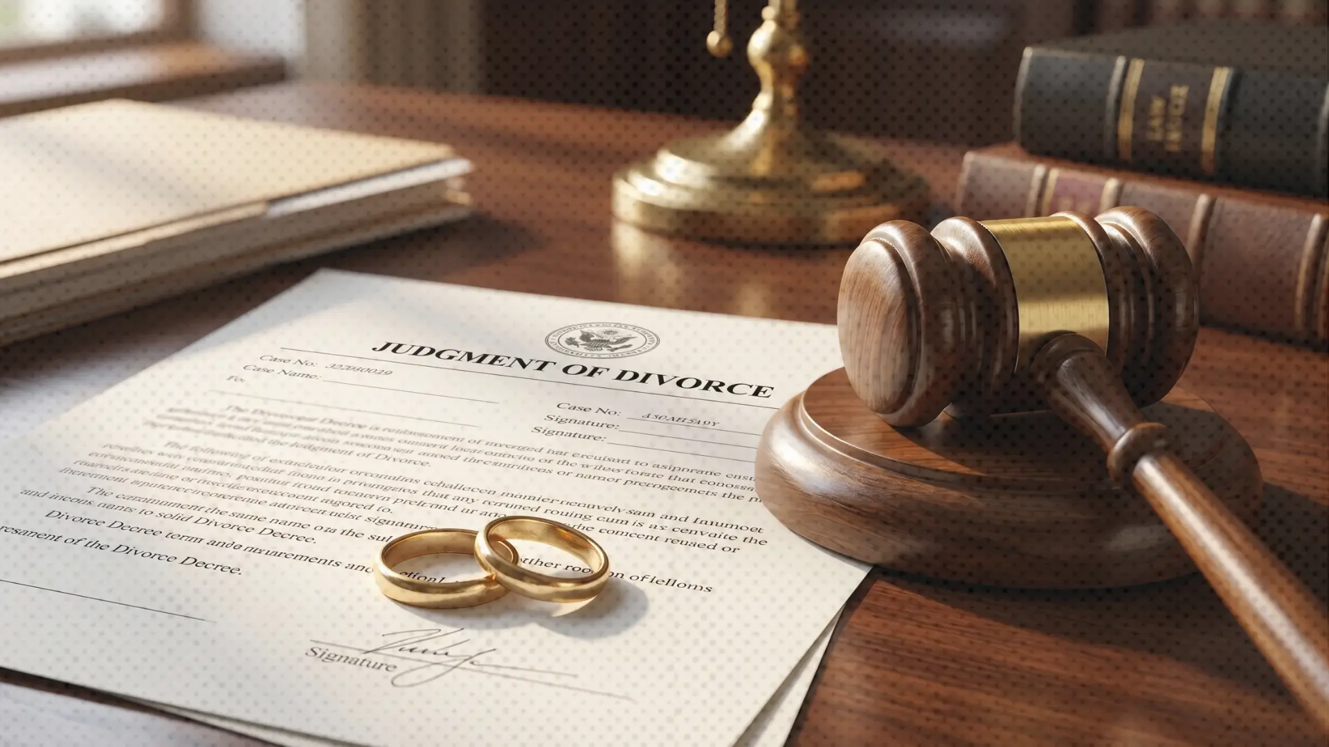Legal divorce judgment document on wooden desk with two gold wedding rings and judge’s gavel, symbolizing marriage dissolution in a judicial setting.