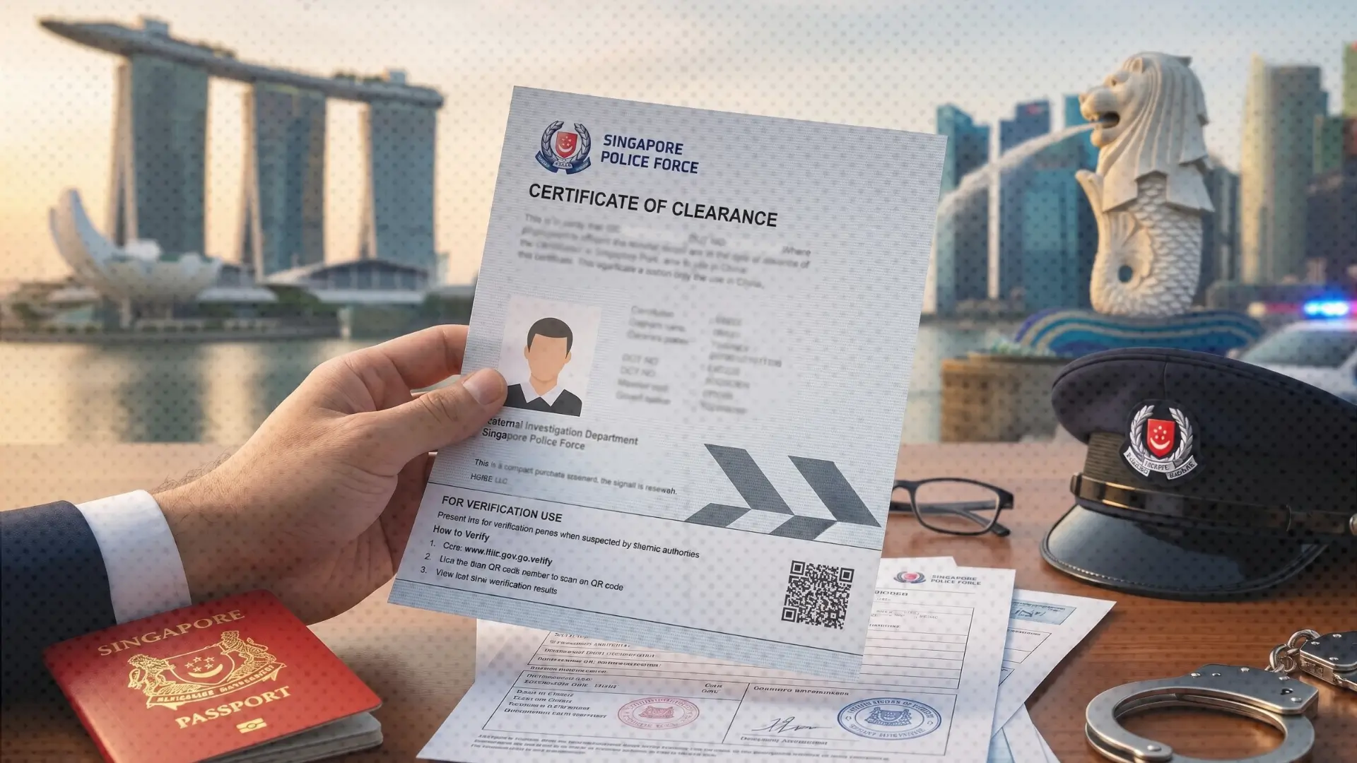 Official Singapore Police Force Certificate of Clearance held by person, with passport, police cap, eyeglasses, and handcuffs on table, Marina Bay Sands and Merlion in background.
