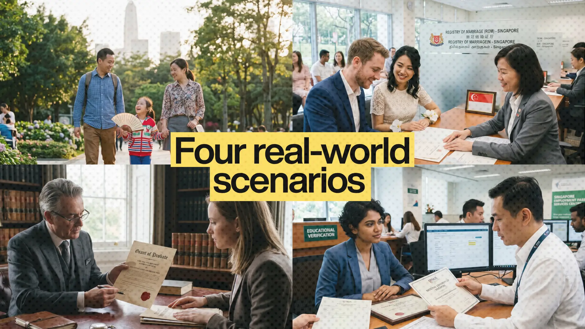 Collage of four scenarios: family outdoors, couple signing marriage documents at ROM, probate grant in office, and educational verification meeting, with central text “Four real-world scenarios.”